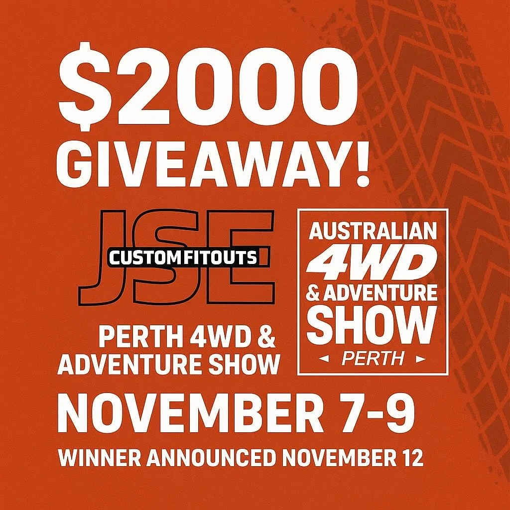 🎉 WIN a $2,000 JSE Custom Fitout! 🎉

We&rsquo;re pumped to be at the Australian 4WD &amp; Adventure Show Perth and we&rsquo;re celebrating with a huge giveaway! One lucky winner will score a $2,000 JSE Custom Fitouts package to upgrade their rig ju