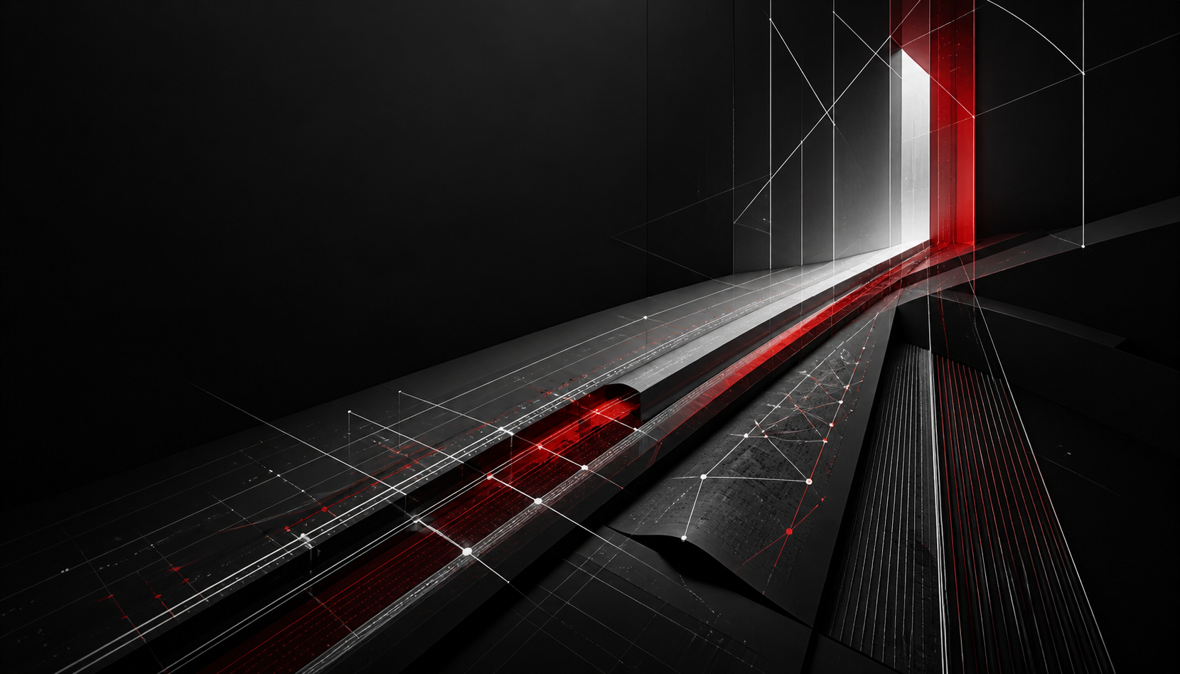 Abstract black, charcoal, white, and red pathways converging toward an illuminated next step.