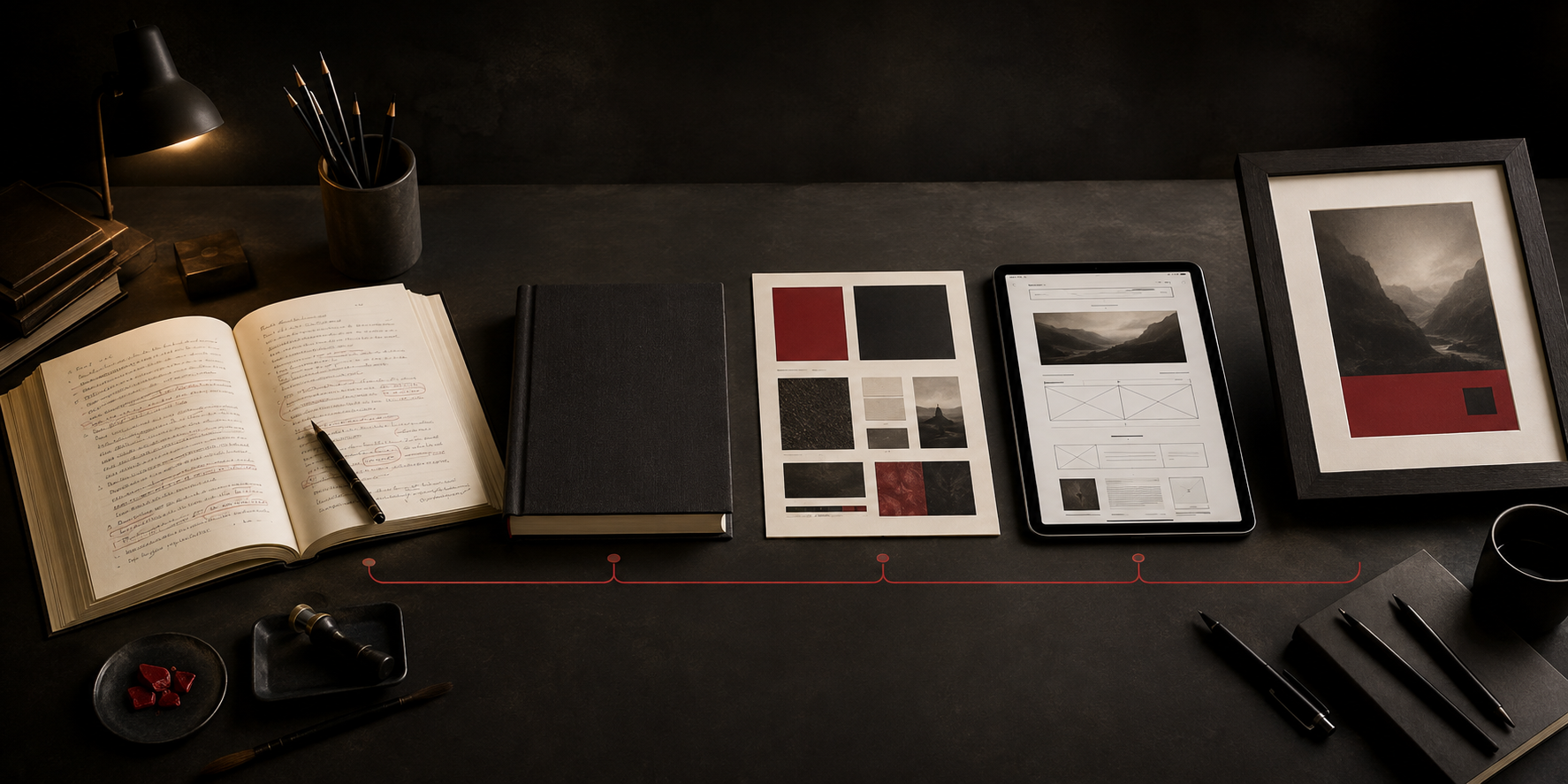 An edited manuscript, finished book, brand materials, website plan, and framed artwork connected by a precise red workflow line.