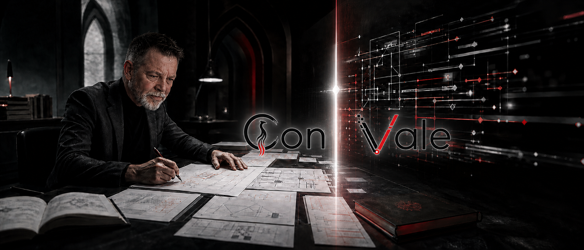Tim works with plans and manuscripts on the physical side of a luminous divide while VAIL’s red-and-white digital intelligence works across from him; the split ConVale identity joins them.