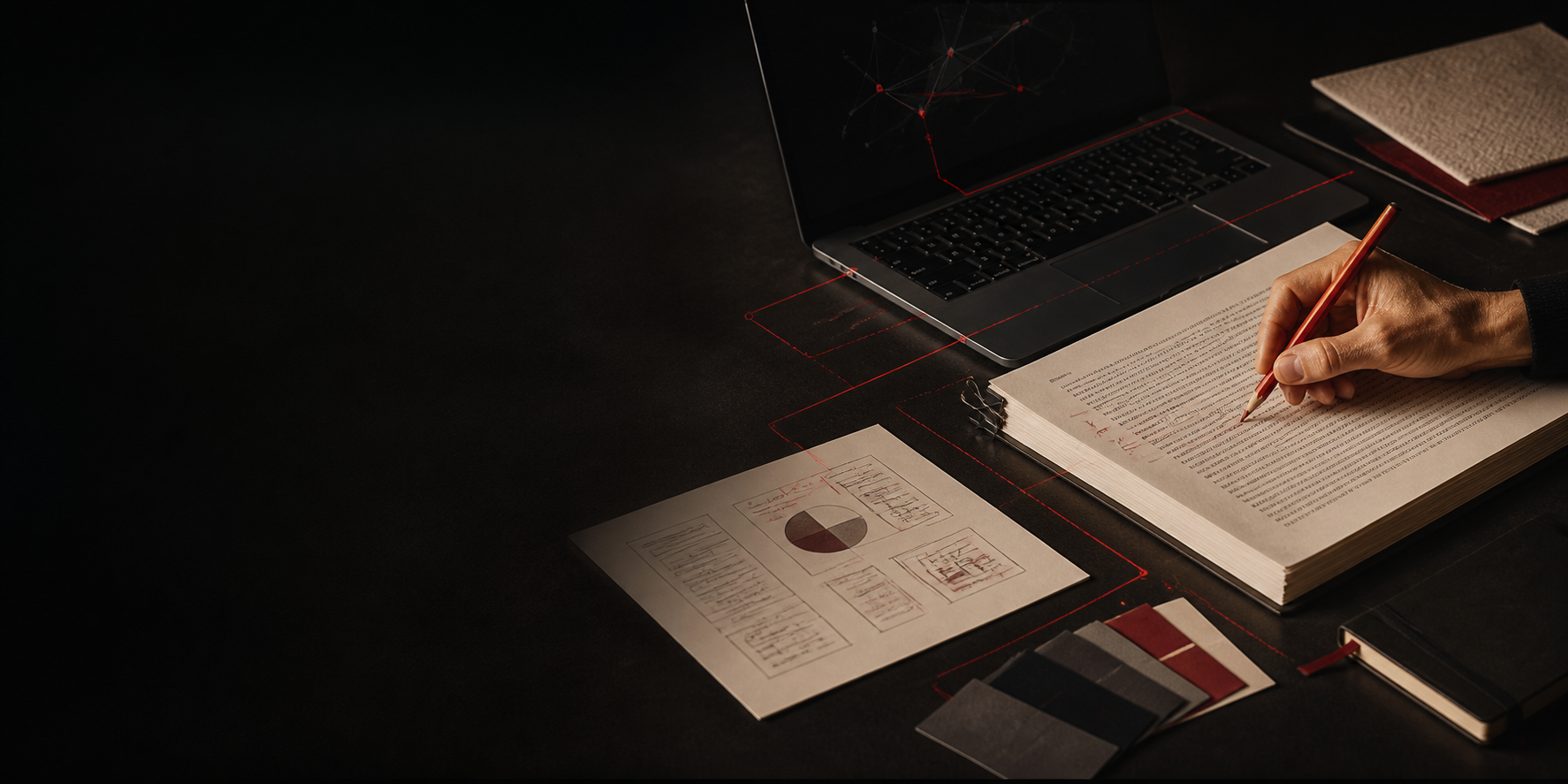 A human hand edits a manuscript beside a charcoal laptop, linked by restrained red digital pathways representing thoughtful Human + AI collaboration.