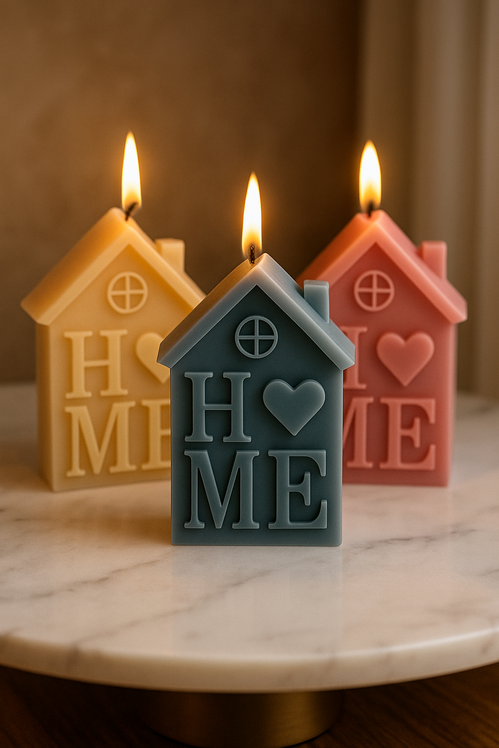 Three house-shaped candles with lit flames, colored yellow, blue, and pink, decorated with the words 'HOME' and hearts.