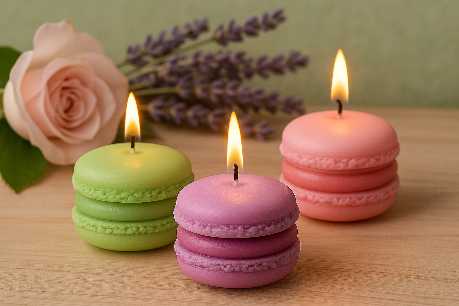 Three lit candles in the shape of colorful macarons, with a pink rose and purple lavender flowers in the background on a wooden surface.