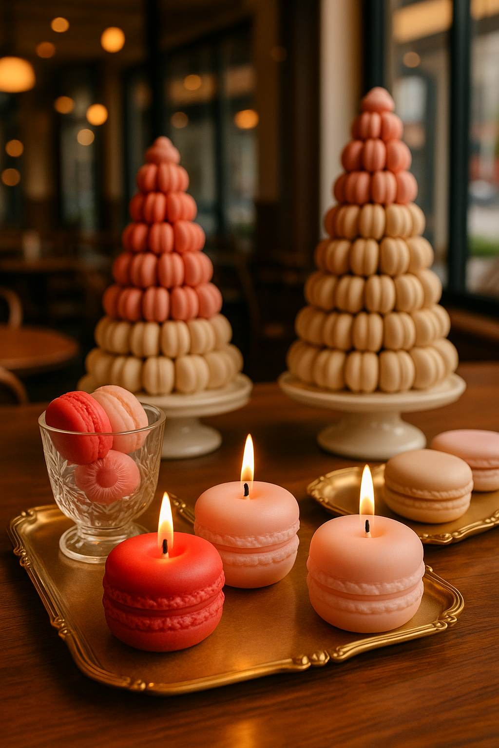 Decorative autumn-themed display with two tiered pumpkin towers, macarons, and three candle-shaped desserts on a gold tray inside a cozy restaurant