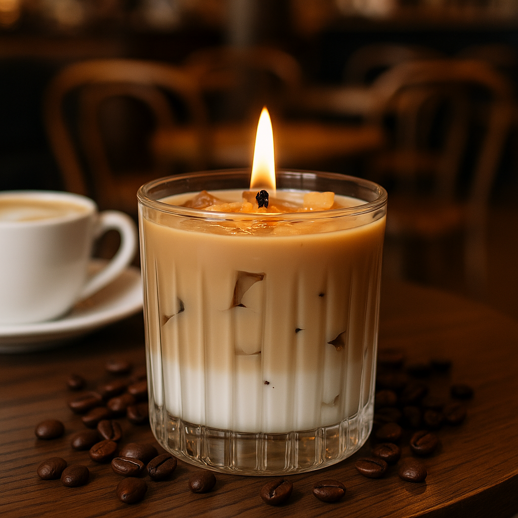 Cream-colored candle with a flame, surrounded by small pieces of wax, on a wooden surface with coffee beans scattered around; in the background, a white cup of coffee on a saucer.