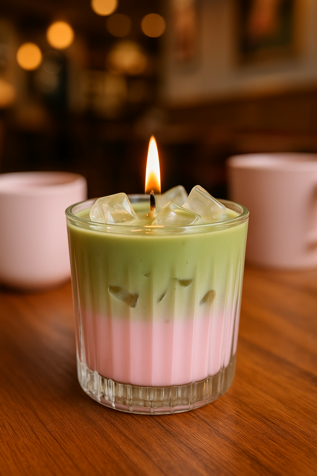 Two-tone pink and green layered cocktail with ice cubes and a lit matchstick in a glass, on a wooden table with blurred background.