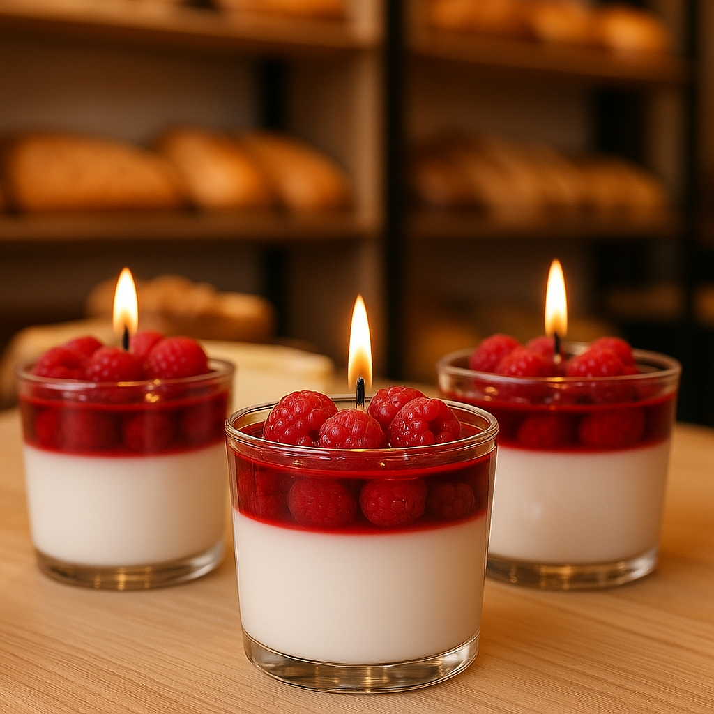 Three lit candles in glass holders with raspberries and a berry sauce on top, on a wooden table in a bakery or café setting.