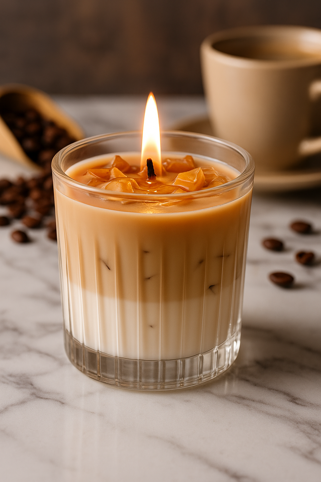 A lit candle with caramel-colored wax and embedded caramel chunks in a clear glass holder, placed on a marble surface with scattered coffee beans and a blurred cup in the background.