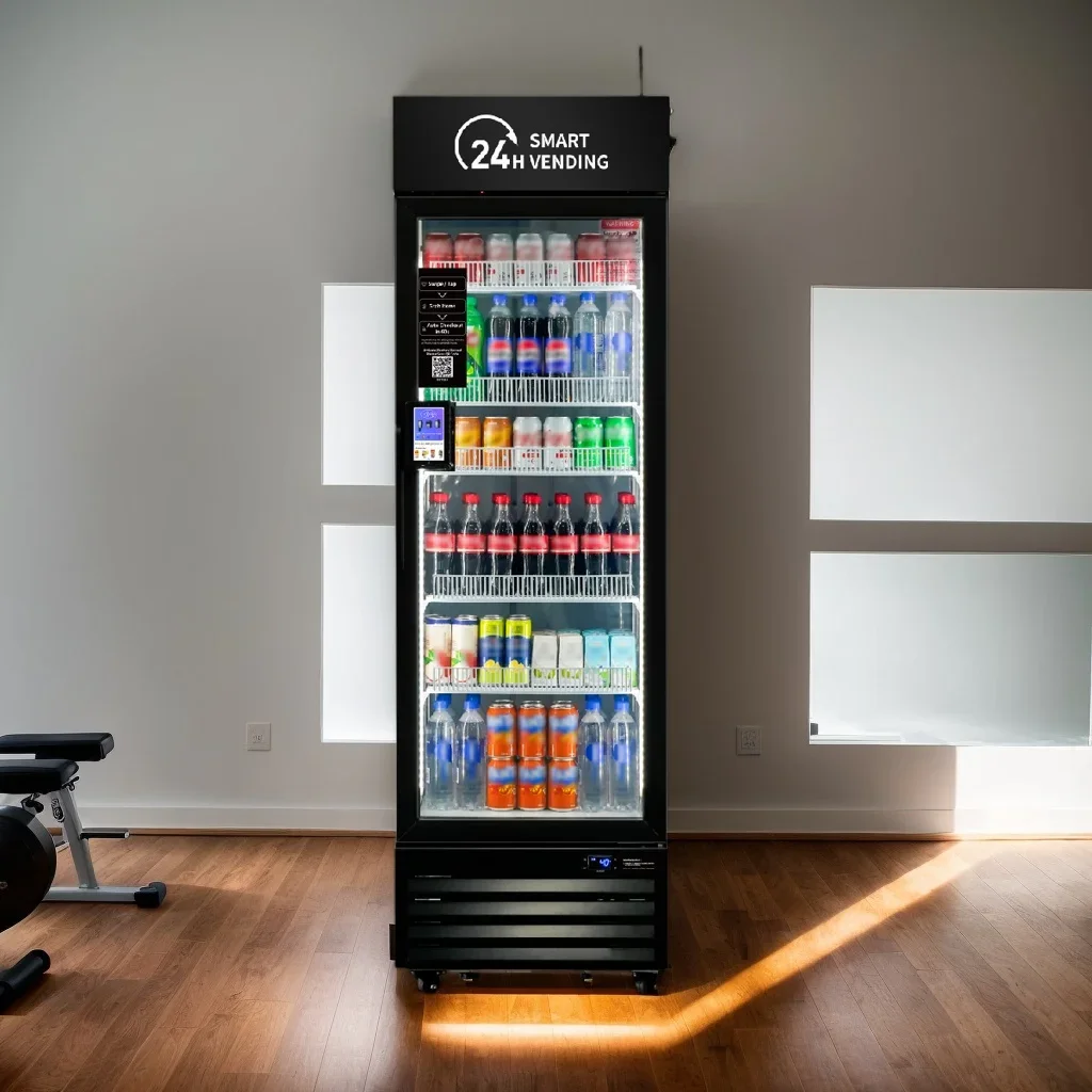 A black vending machine labeled "24H Smart Vending" stocked with various beverages including water, soda, and juice, situated in a room with wooden flooring and white walls.
