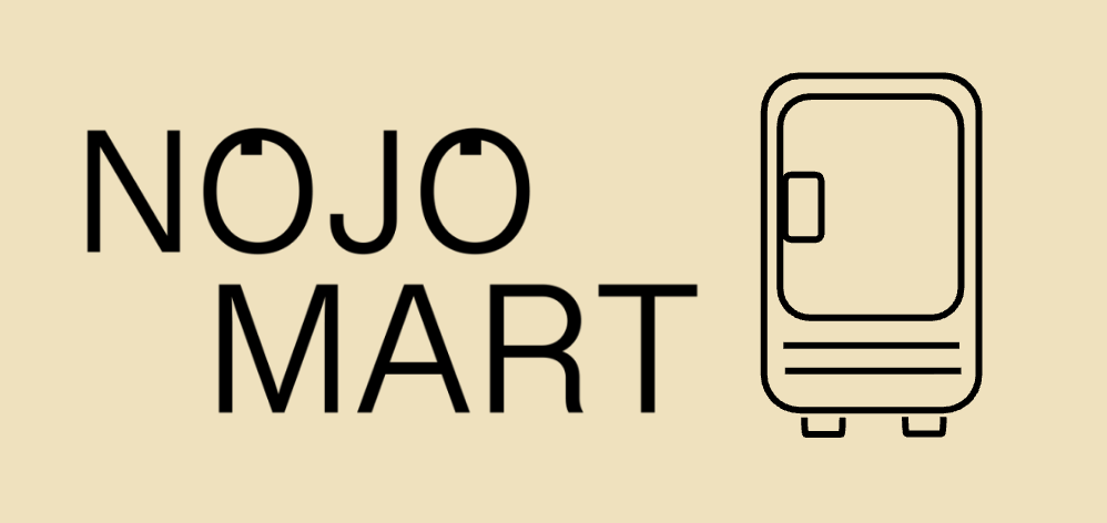 Logo for 'Nojo Mart' featuring text and a simple outline illustration of a portable gas stove on a beige background.