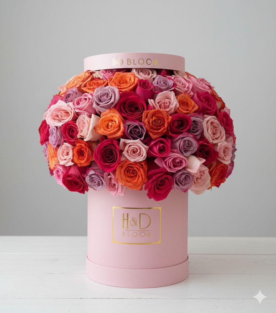 Large Pink Round Hat Box With Multicolor Roses