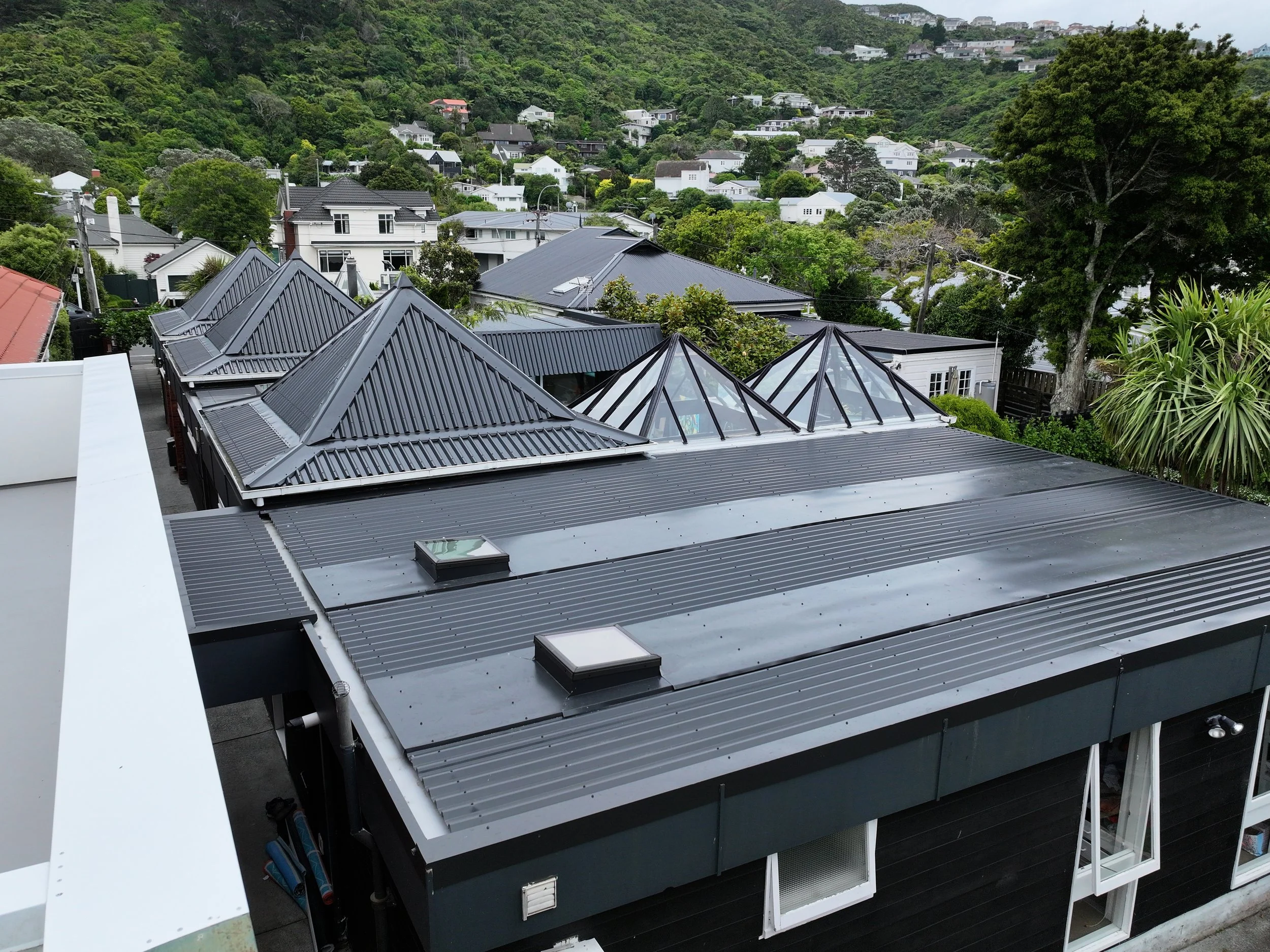 Aerial view of a modern building with a black metal roof and glass pyramid skylights within a residential neighborhood, surrounded by trees and other houses on a hillside.