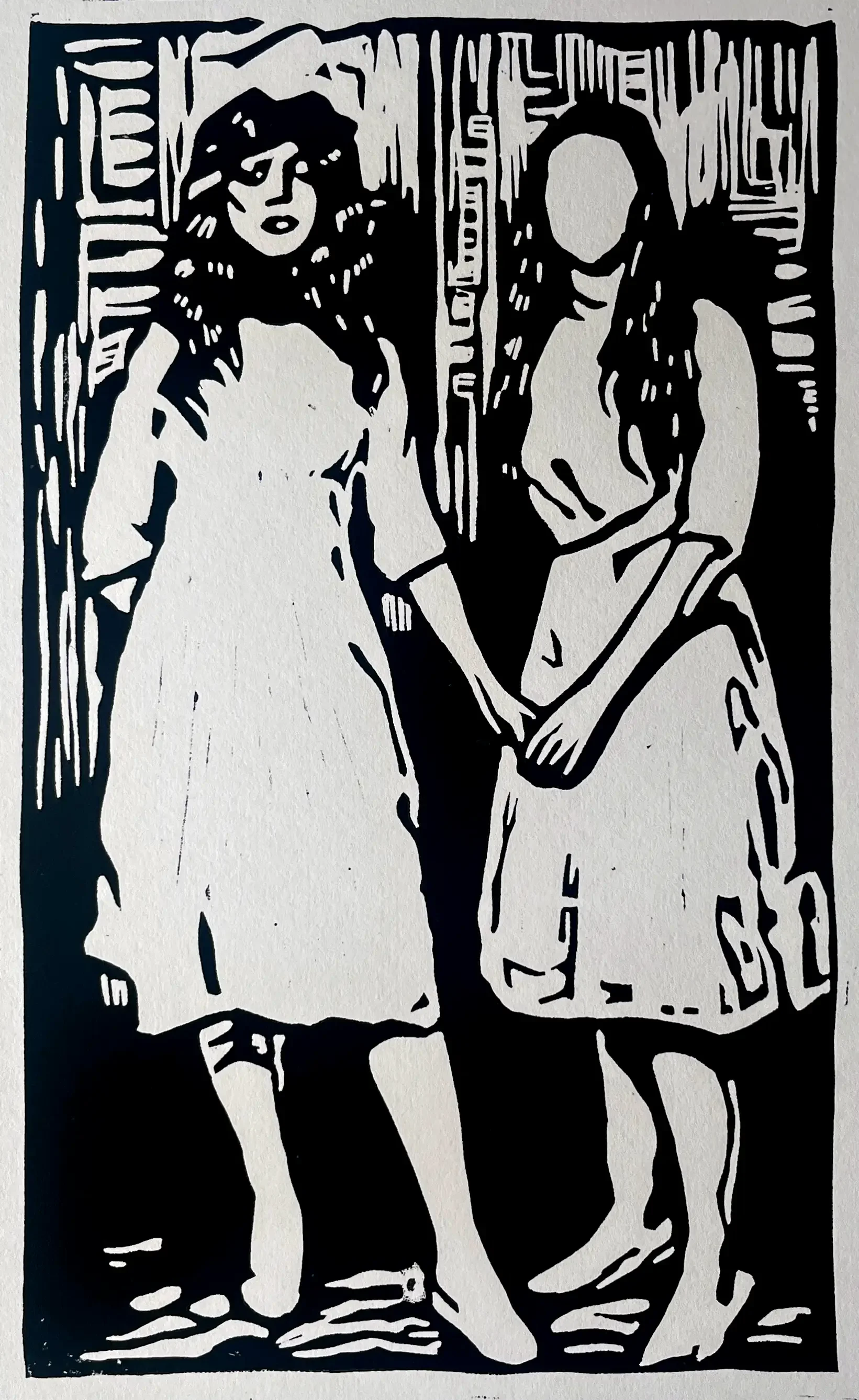 Adolescence, 2026, Linocut on paper, 18x12 in.
