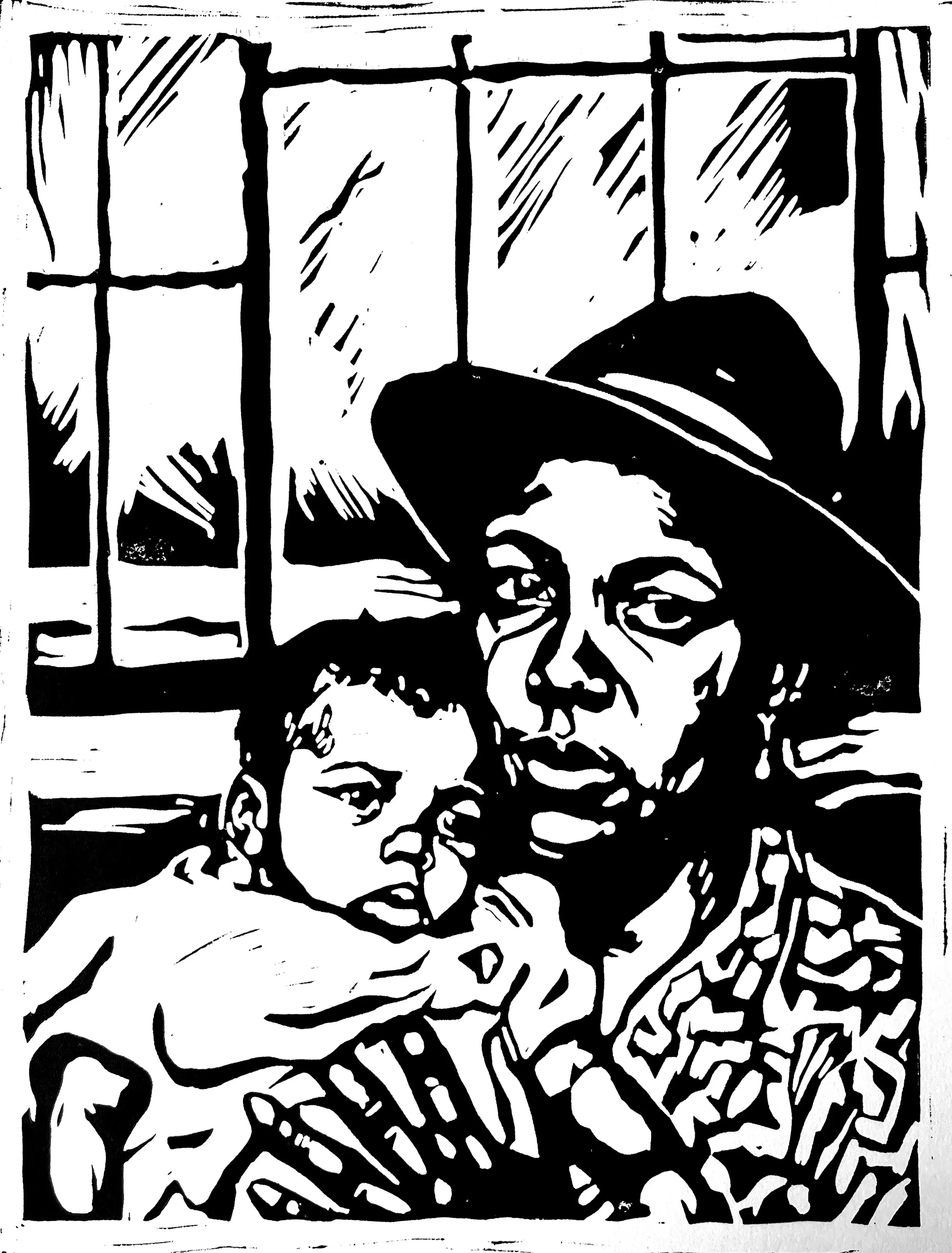 By The Window, 2026, Linocut on paper, 12 x 18 in.