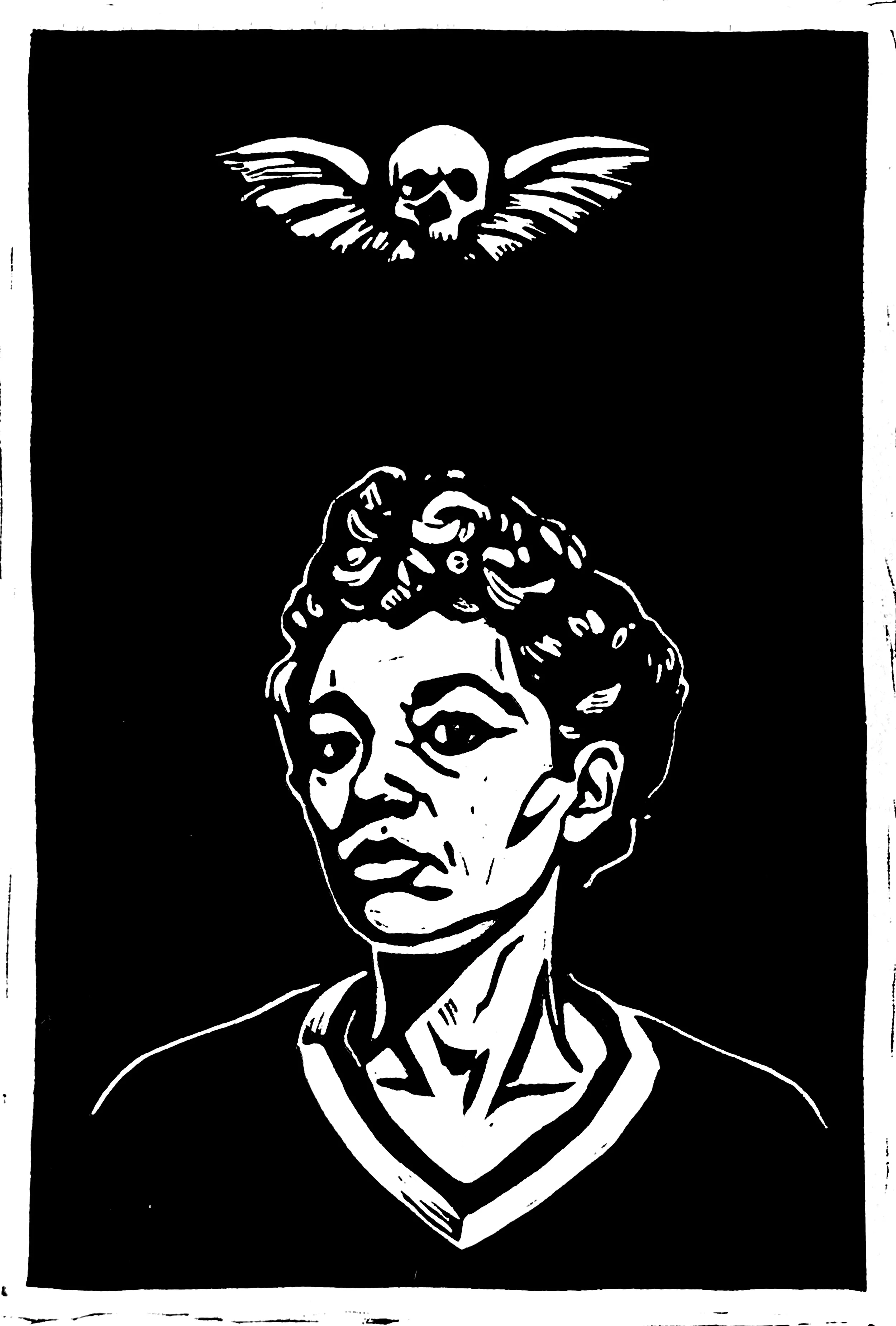 Regard the End, 2025, Linocut on paper, 18x12 in.