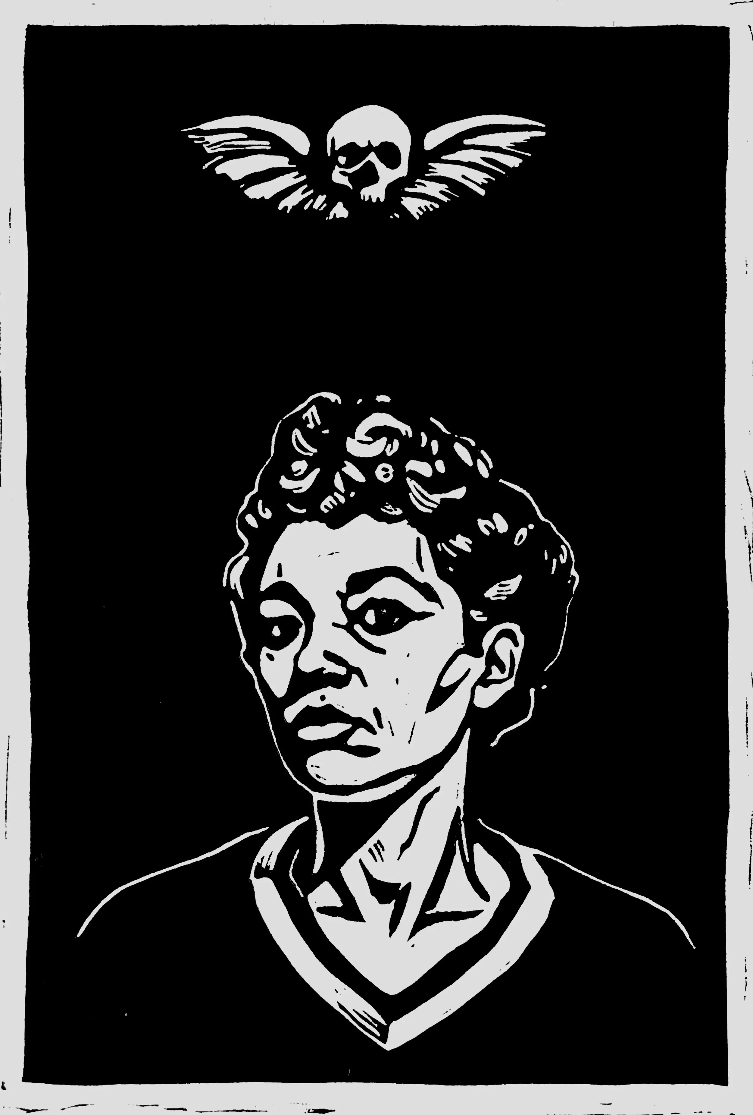 Regard the End, 2025, Linocut on paper, 18x12 in.