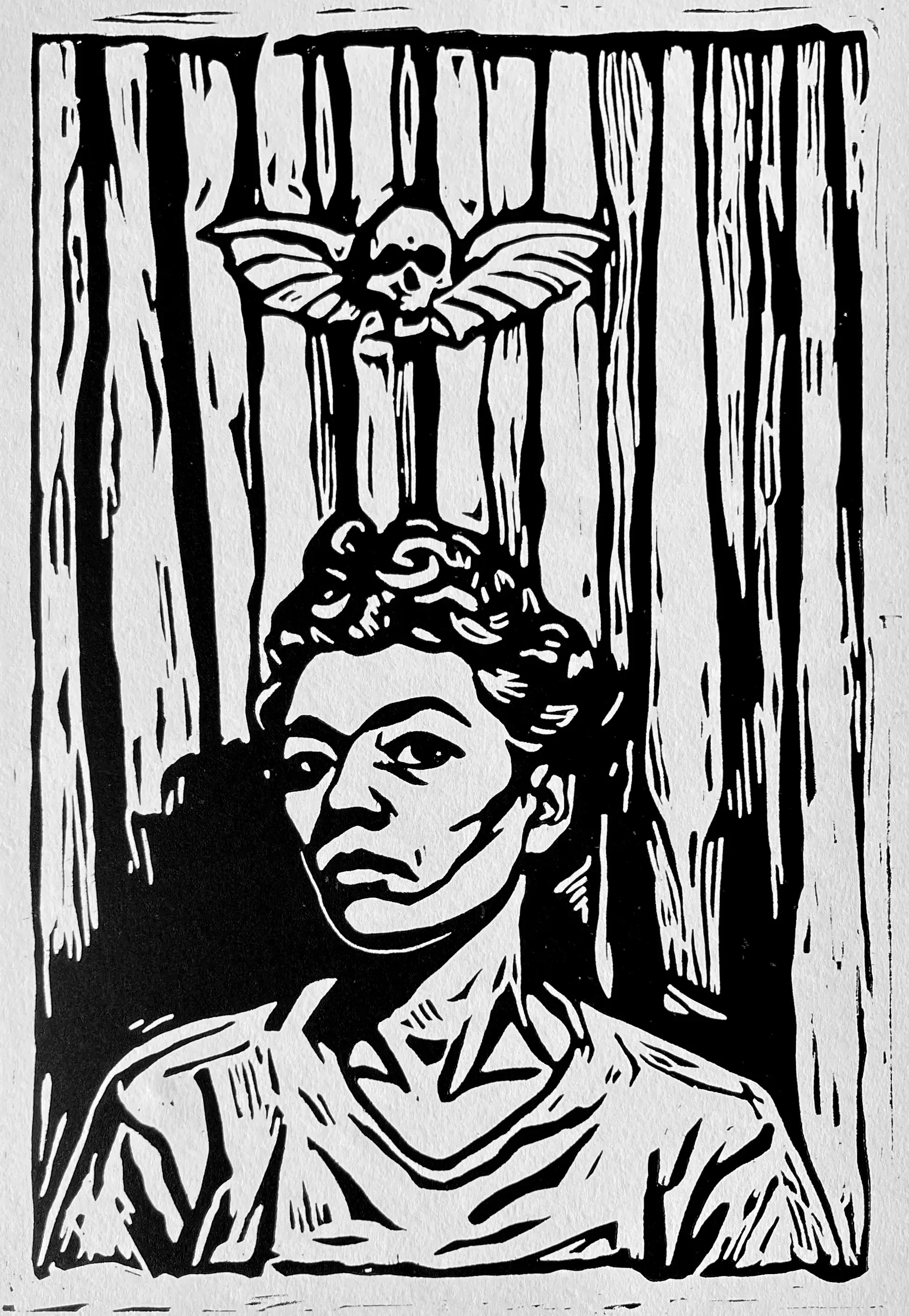 Regard the End II, 2025, Linocut on paper, 12 x 18 in.