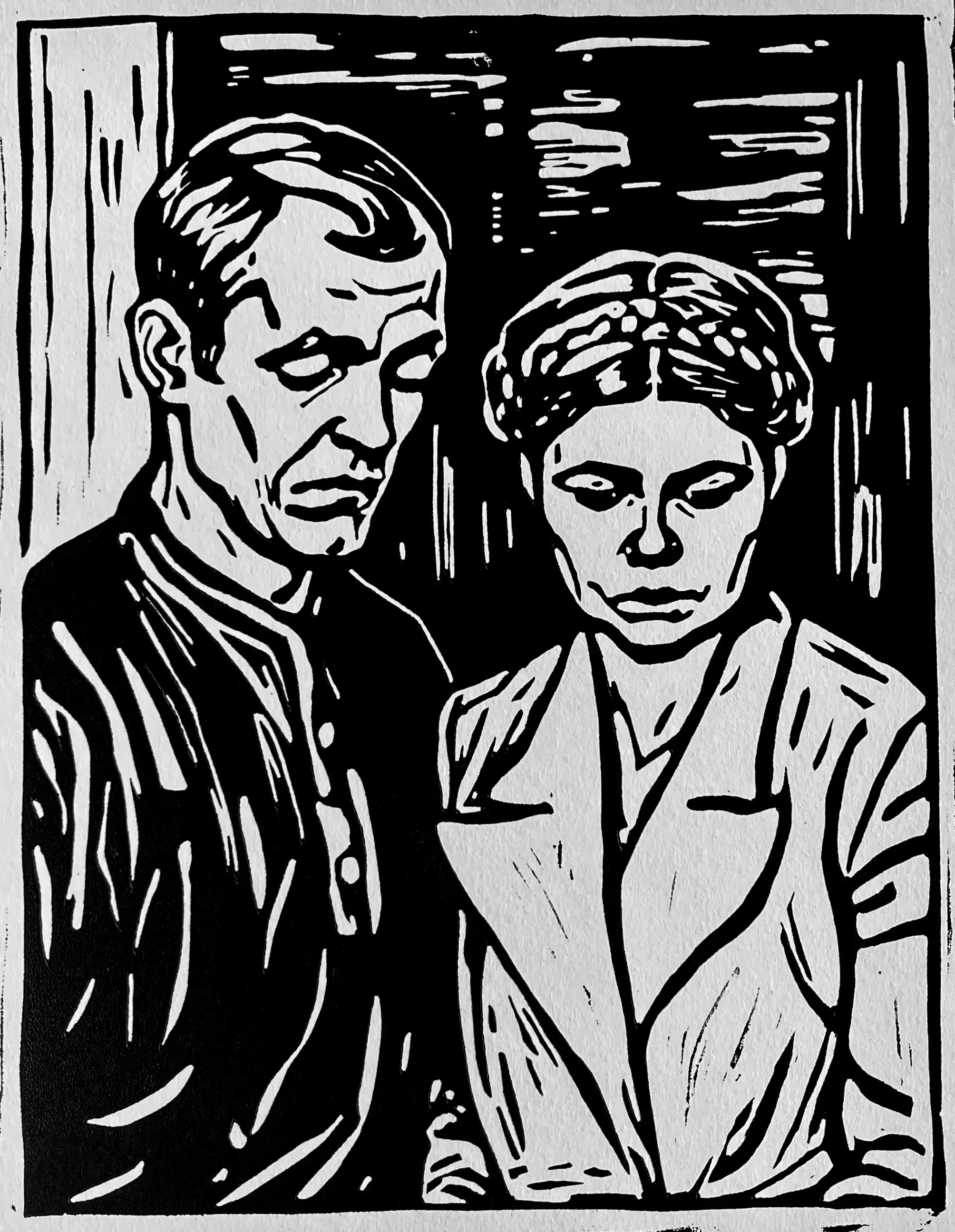 The Mourners, 2025, Linocut on paper, 12 x 18 in.