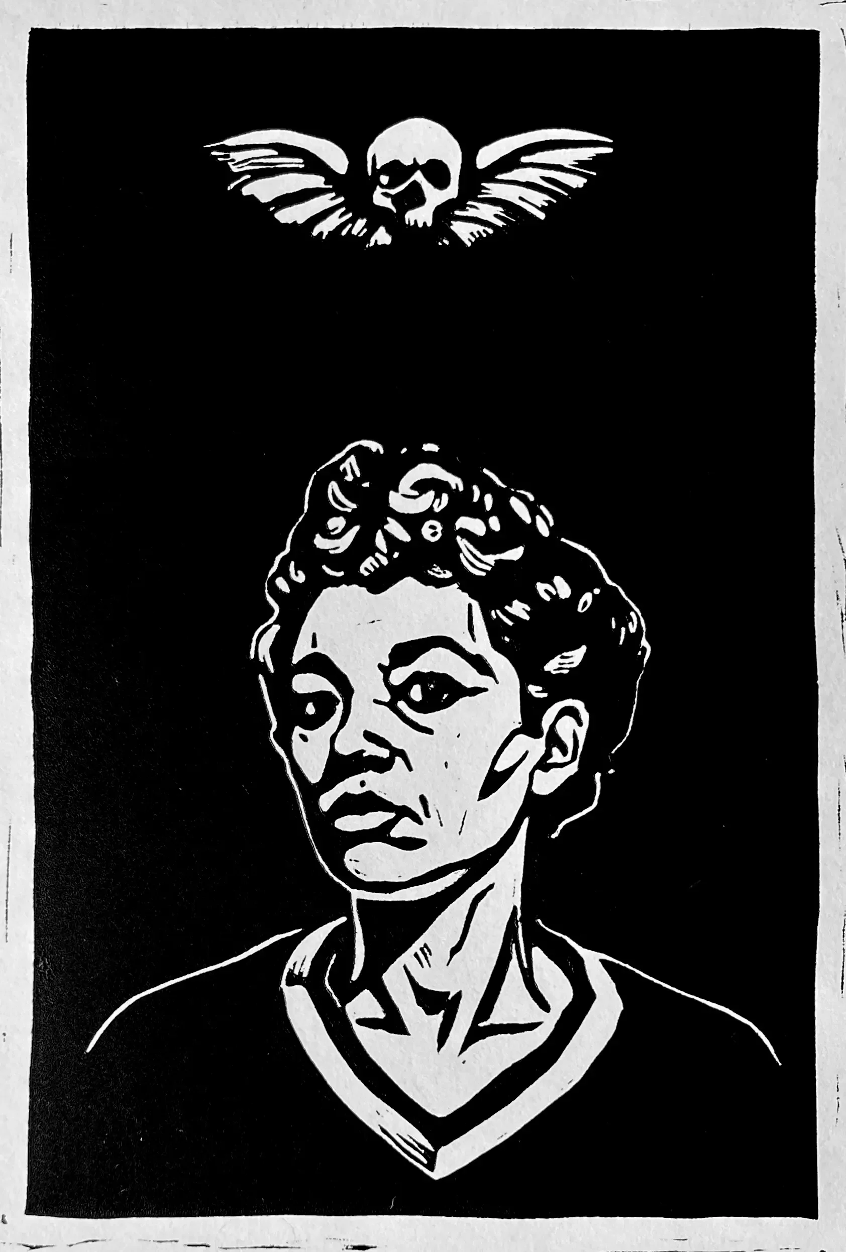 Regard the End I, 2025, Linocut on paper, 12 x 18 in.