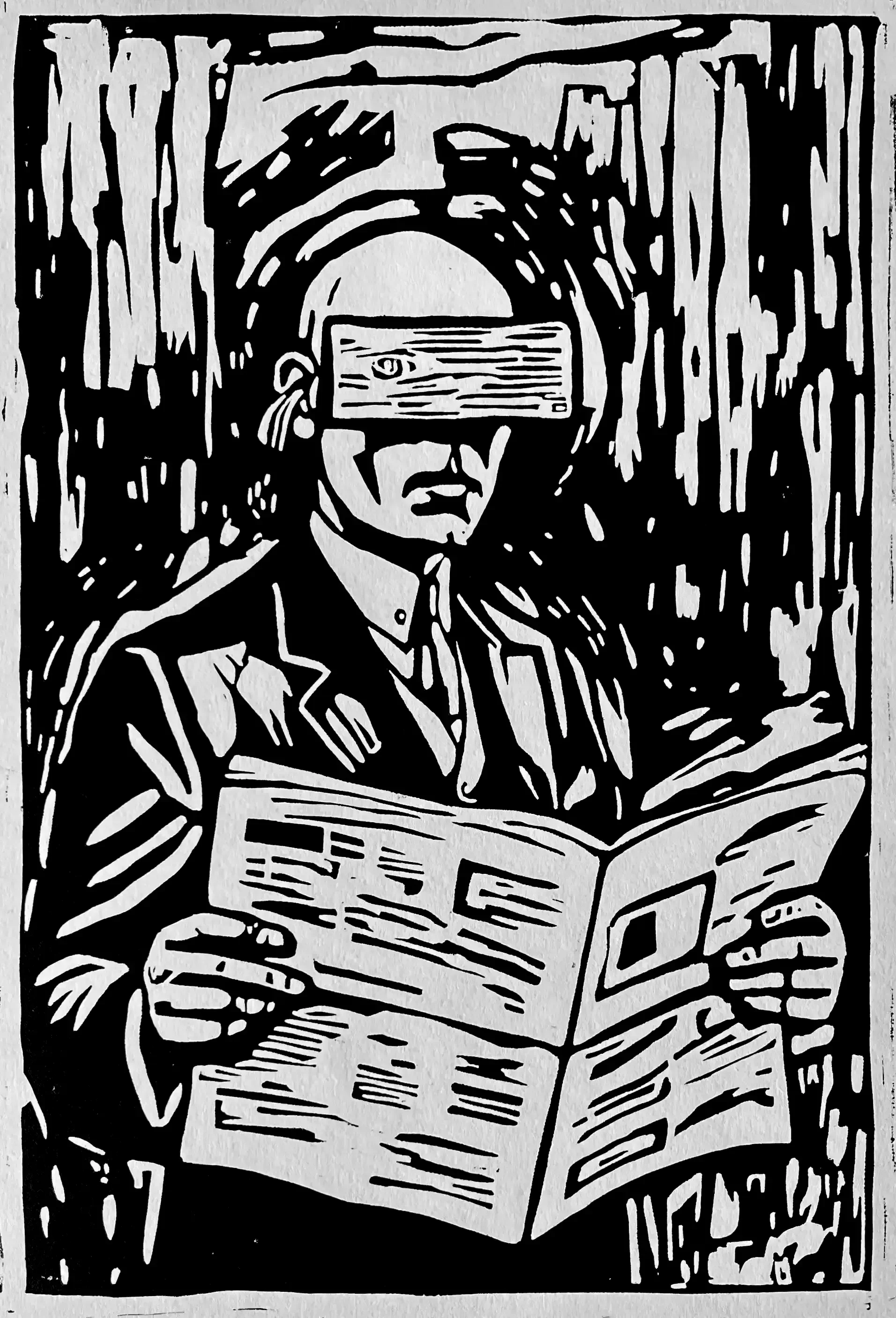 Whoever Reads Bourgeois Newspapers Becomes Blind and Deaf (after John Heartfield), 2025, Linocut on paper, 12 x 18 in.
