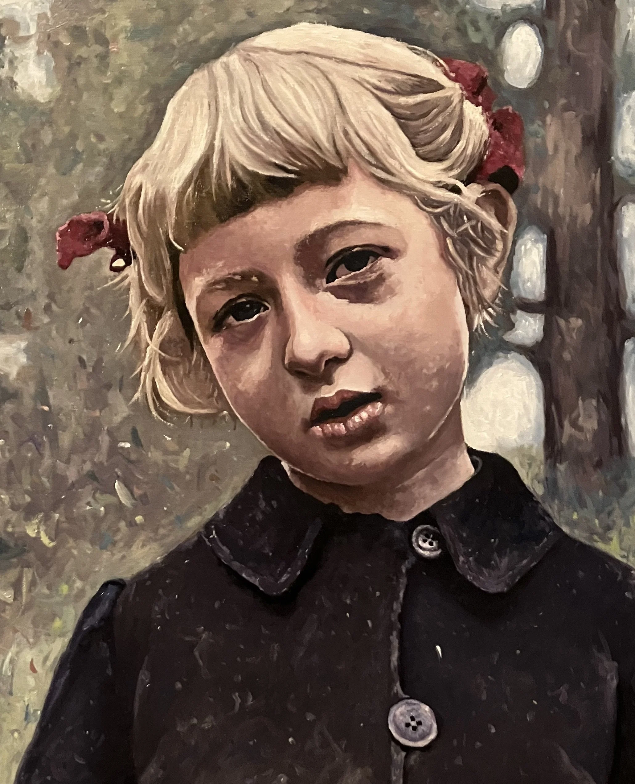 Child With Mushroom (cropped), 2023, Oil on linen, 28×20 in.