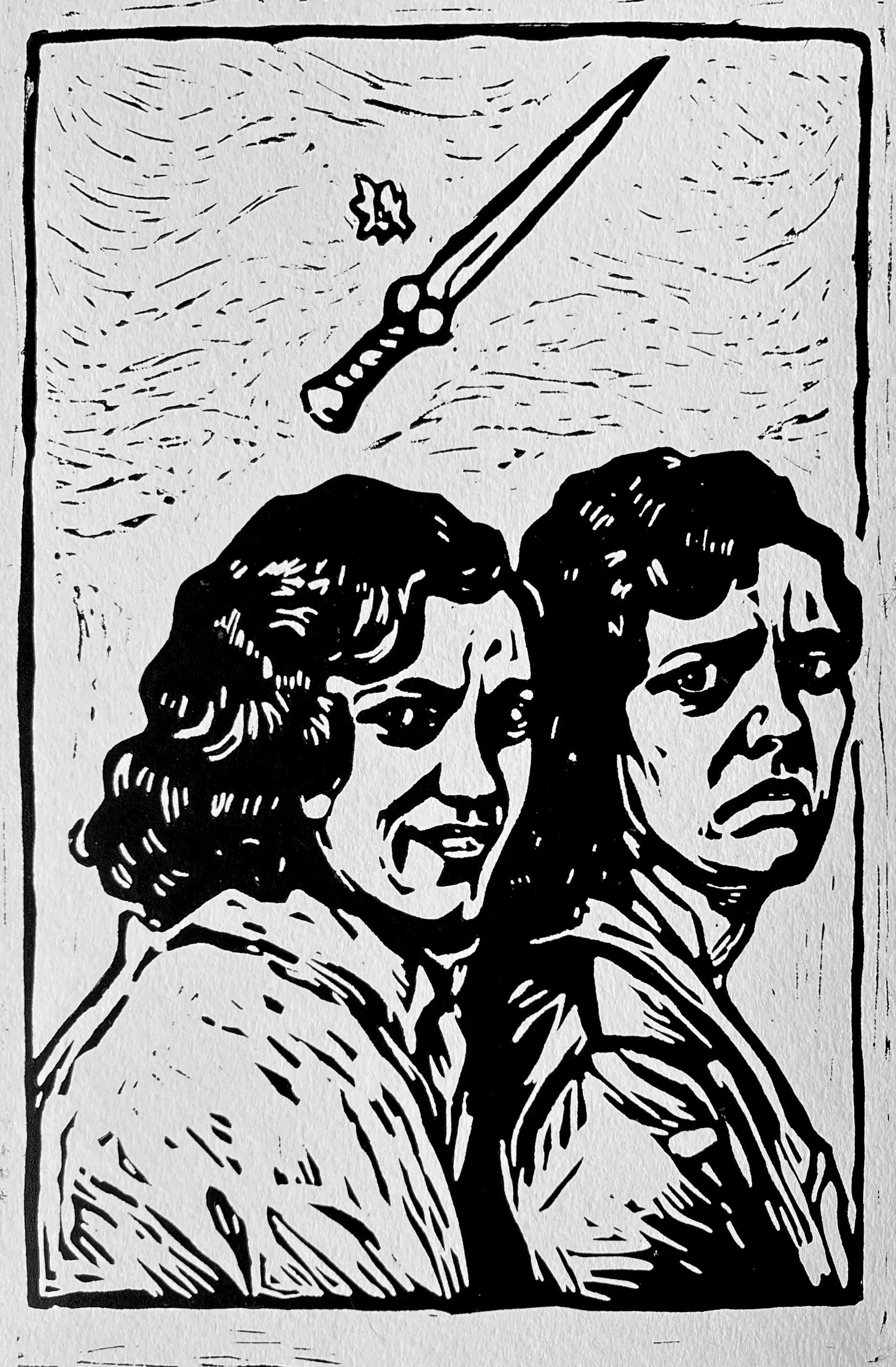 The Conspiracy, 2025, Linocut on paper, 12 x 18 in.