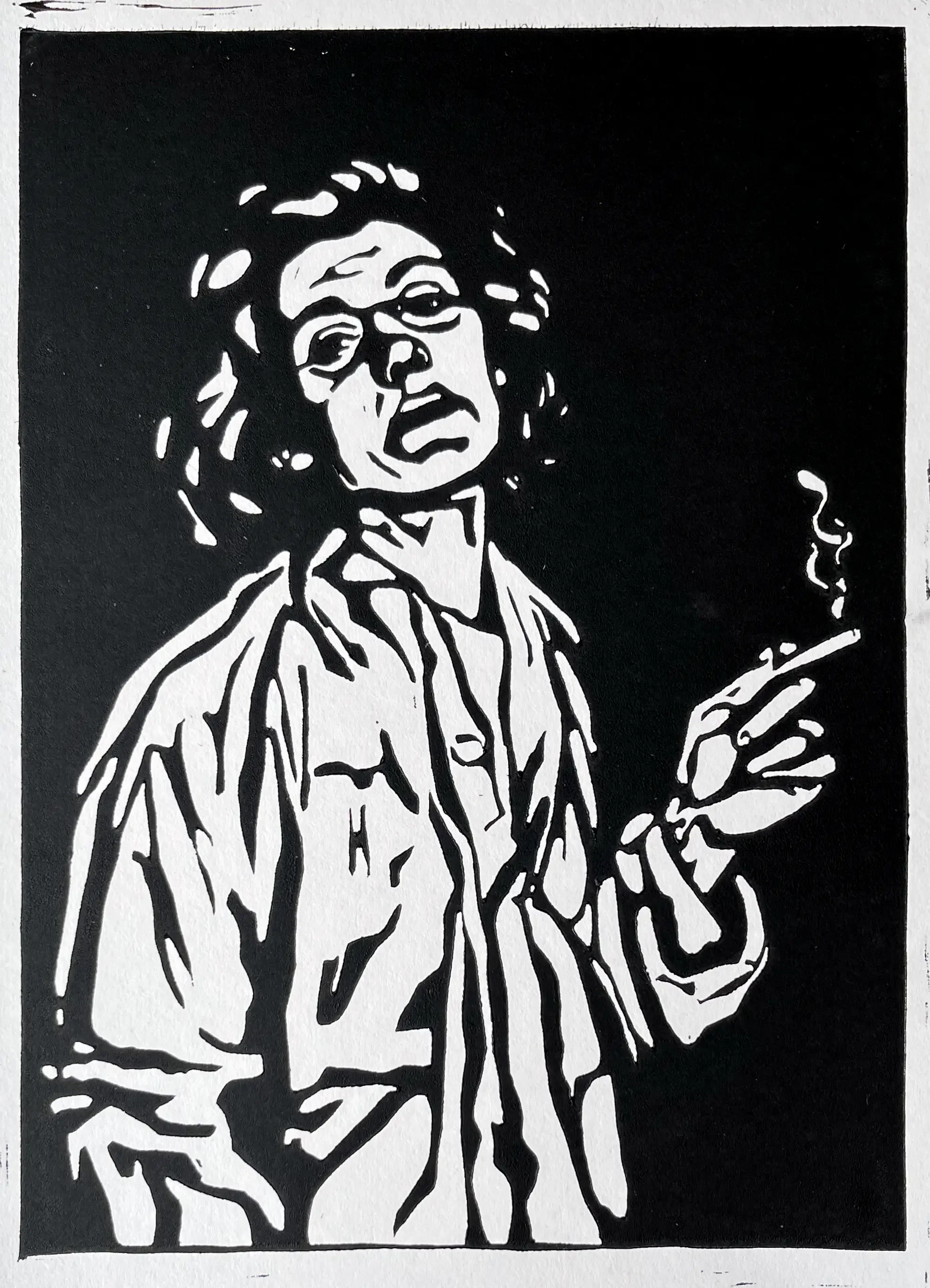 The Cigarette Smoker, 2025, Linocut on paper, 12 x 18 in.