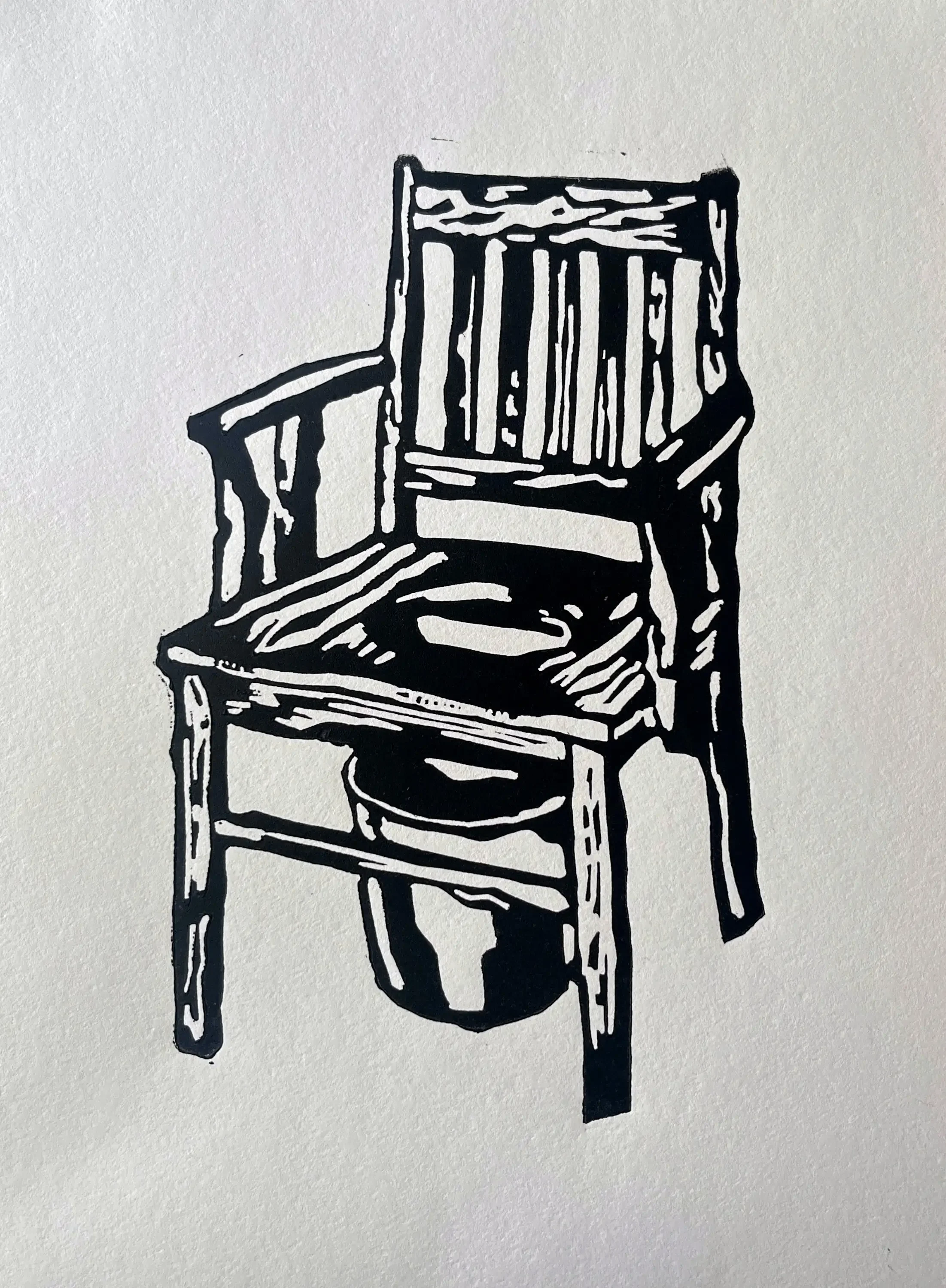 Institutional Chair for Incontinent Lunatics, 2026, Linocut on paper, 12x9 in.