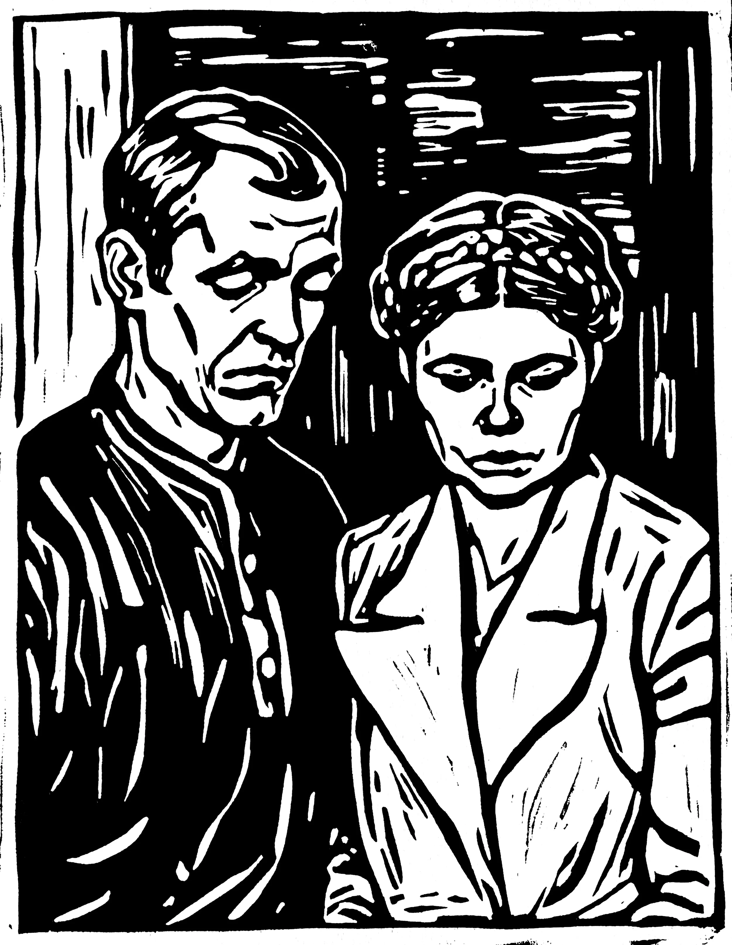 The Mourners, 2025, Linocut on paper, 12 x 18 in.