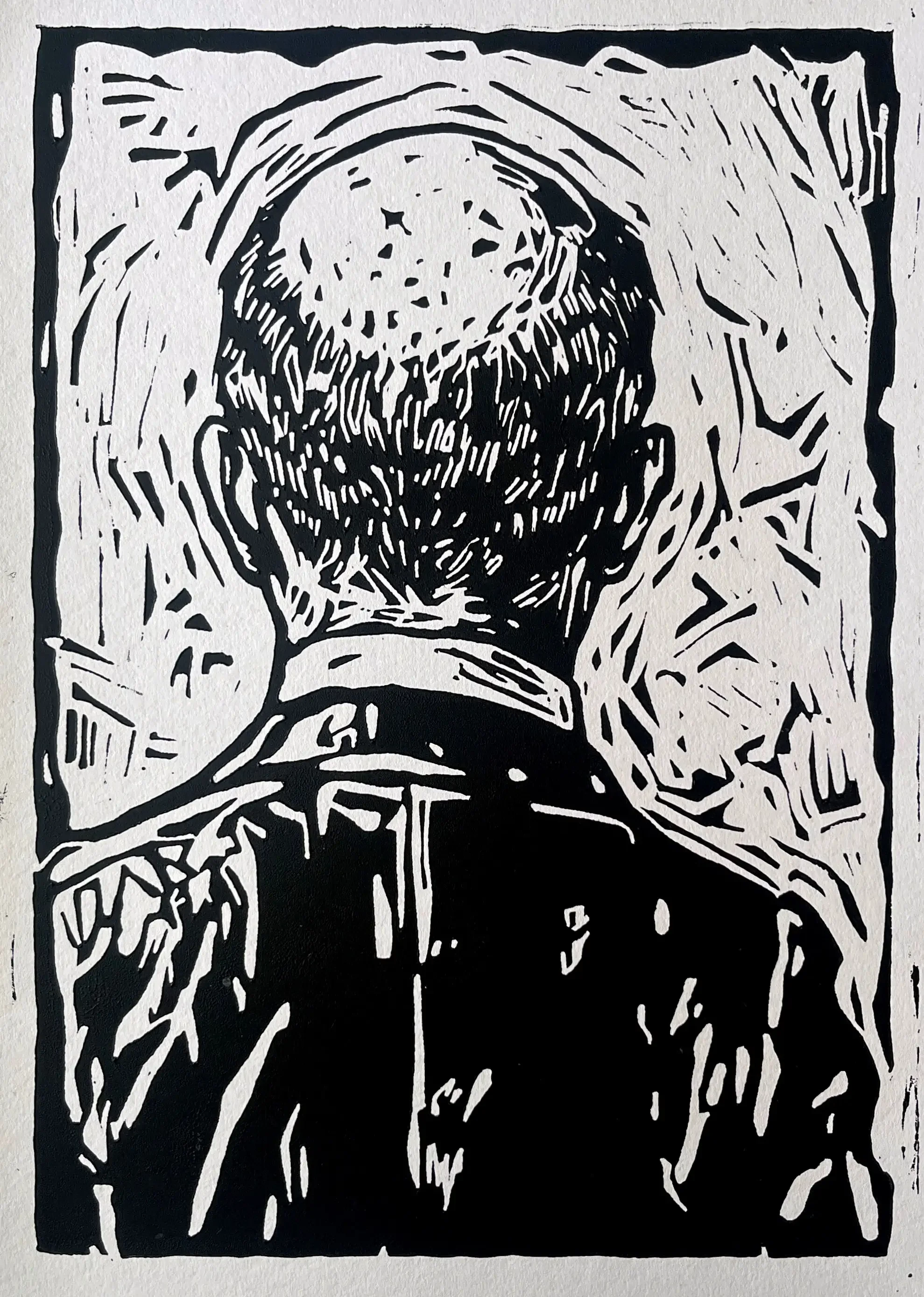 Twentieth Century Father, 2026, Linocut on paper, 18x12 in.