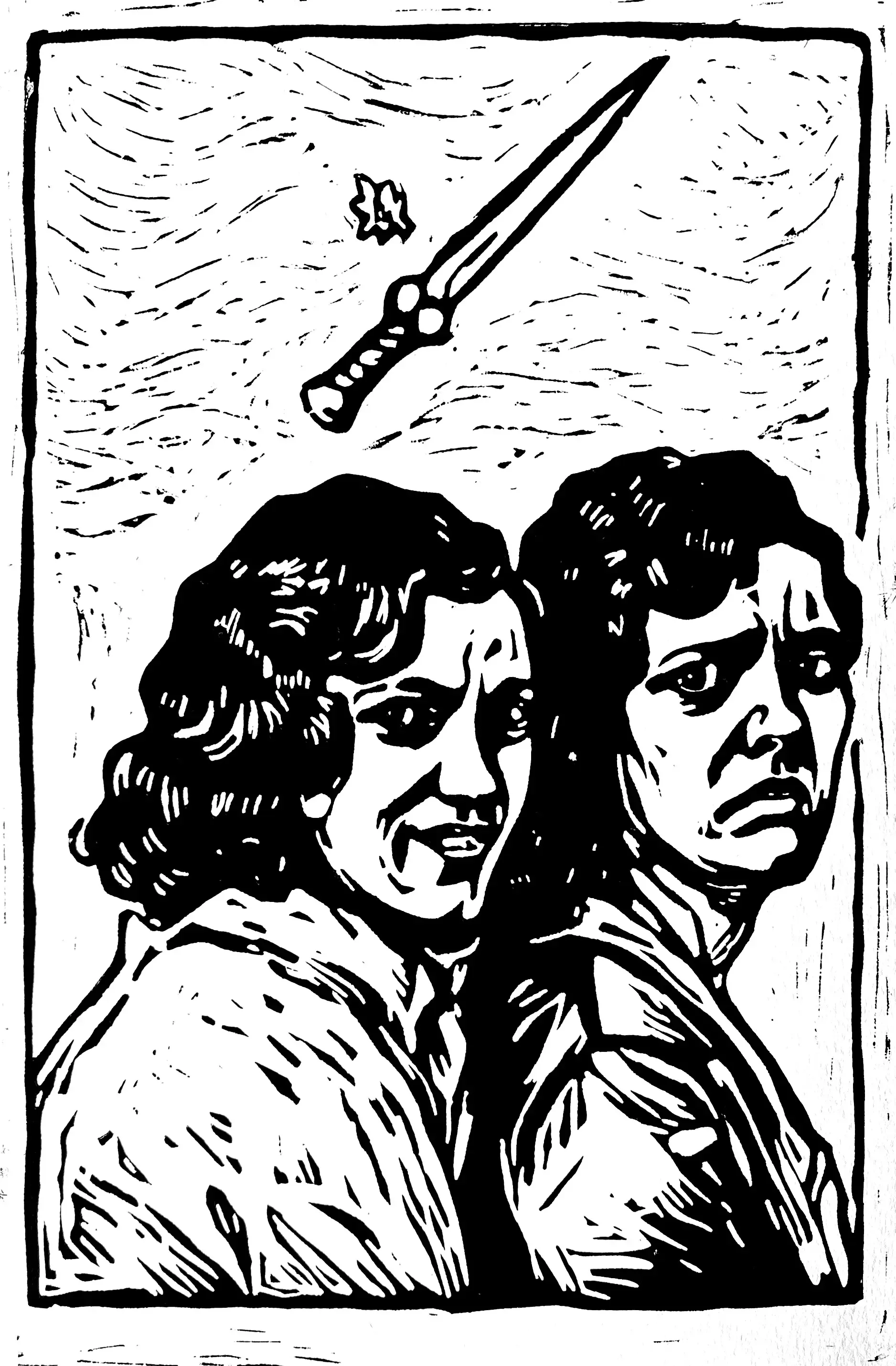 The Conspiracy, 2025, Linocut on paper, 18x12 in.