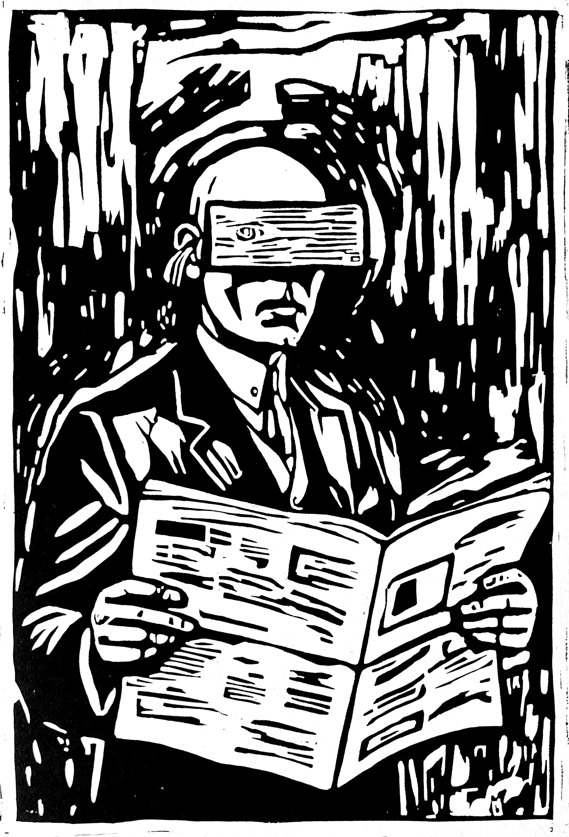 Whoever Reads Bourgeois Newspapers Becomes Blind and Deaf (after John Heartfield), 2025, Linocut on paper, 12 x 18 in.