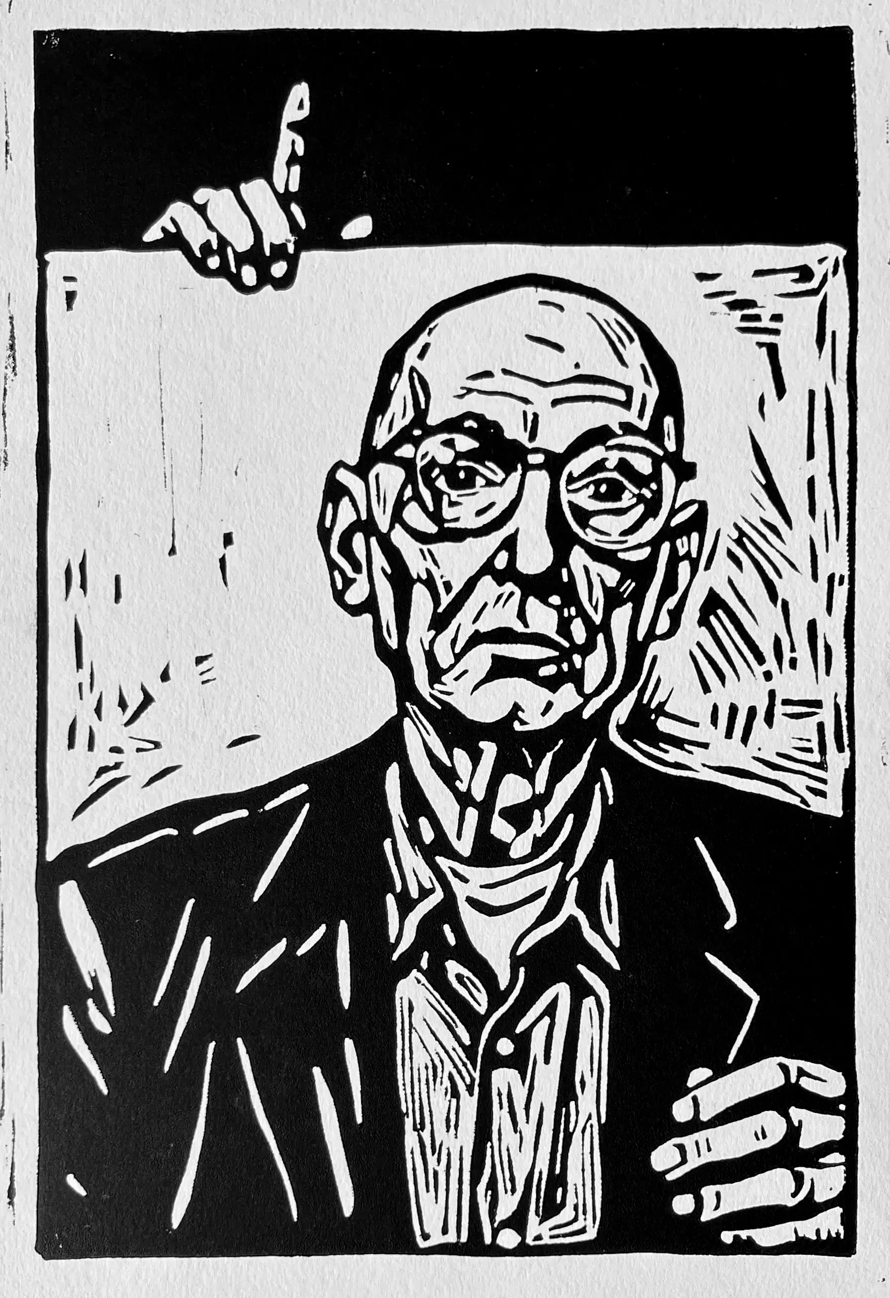 Old Men Die (and Children Soon Forget), 2025,  Linocut on paper, 12 x 18 in.