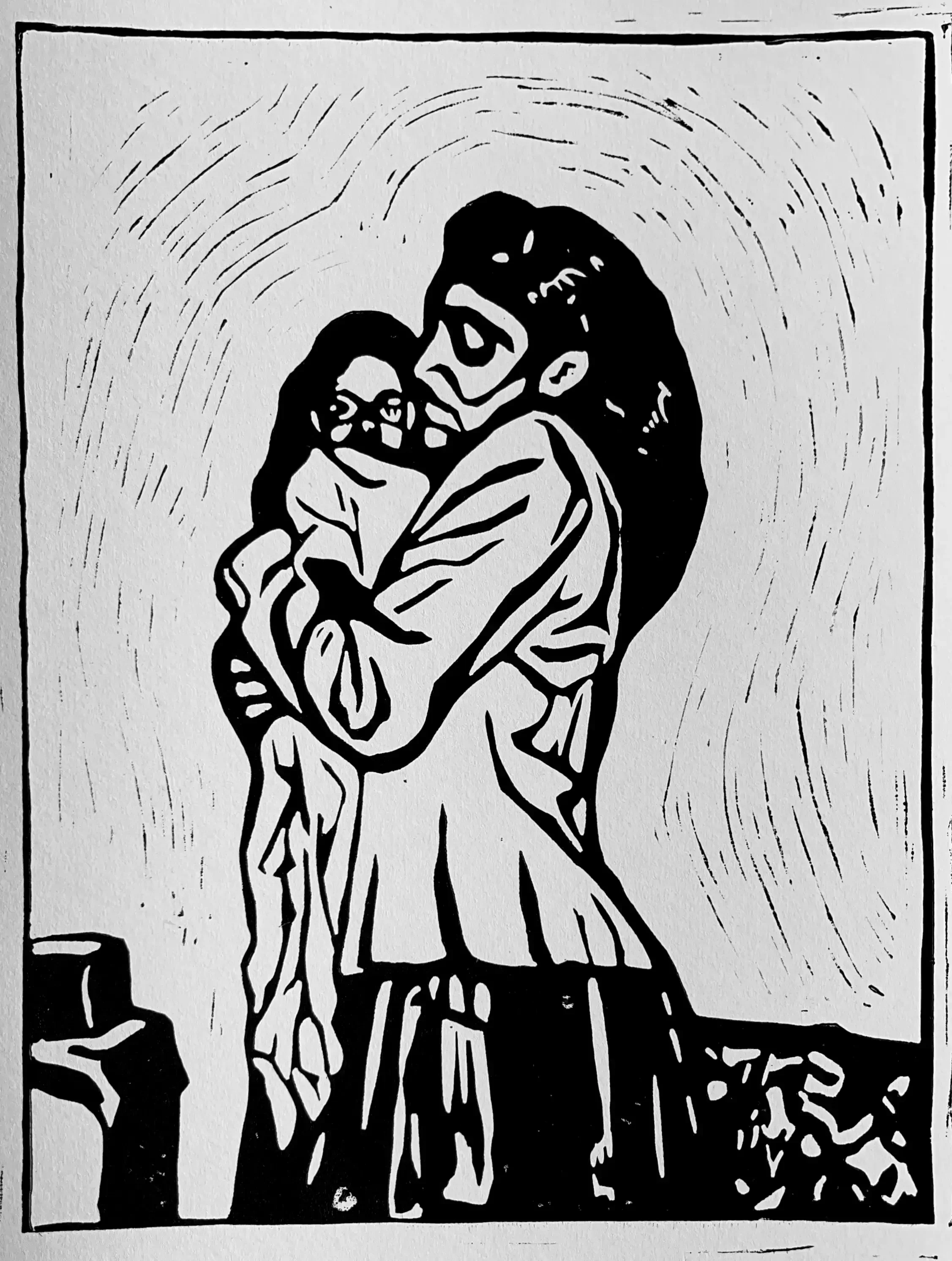 Cradled, 2025, Linocut on paper, 12 x 18 in.