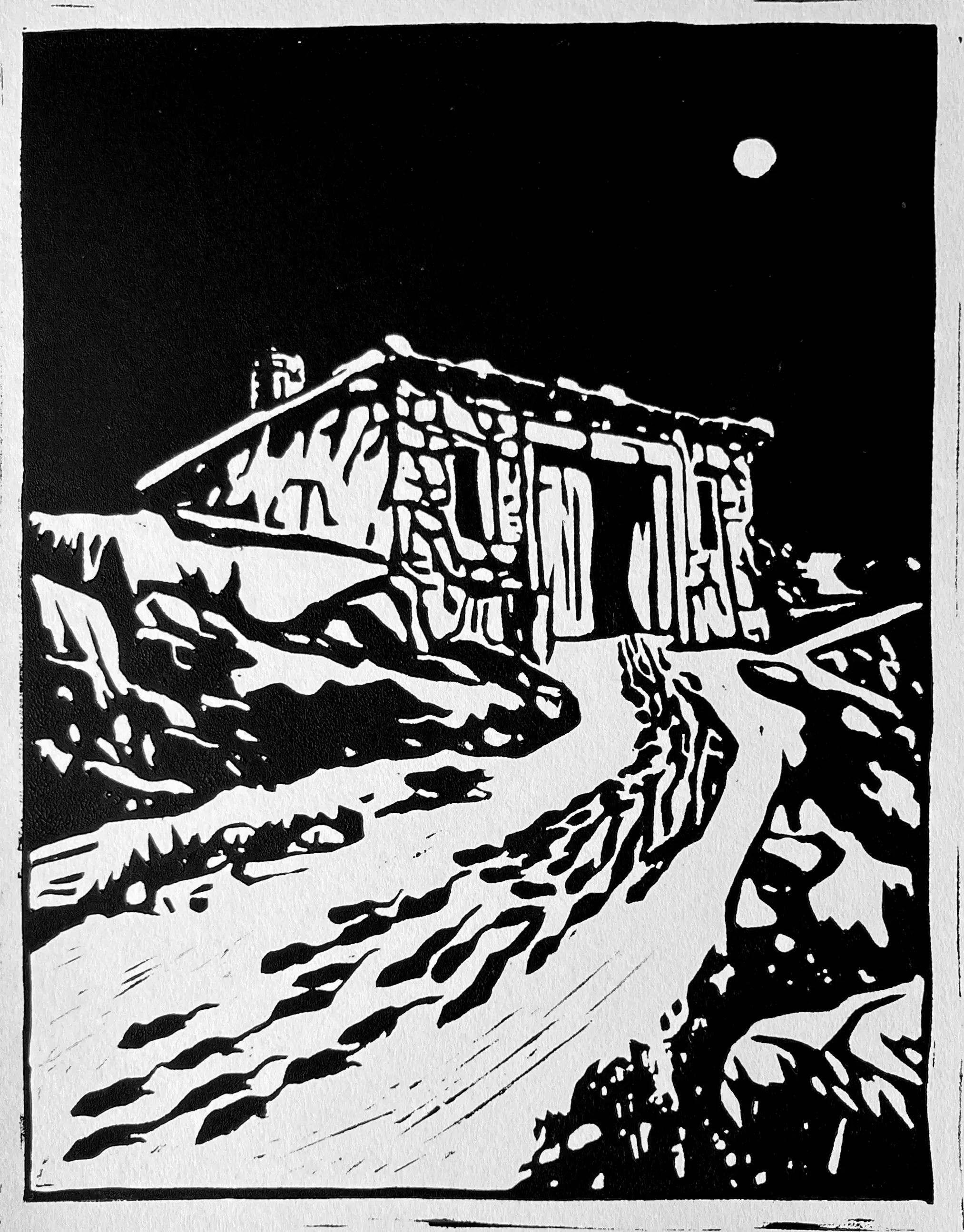 The Rat House (after Alfred Kubin), 2025,  Linocut on paper, 12 x 18 in.