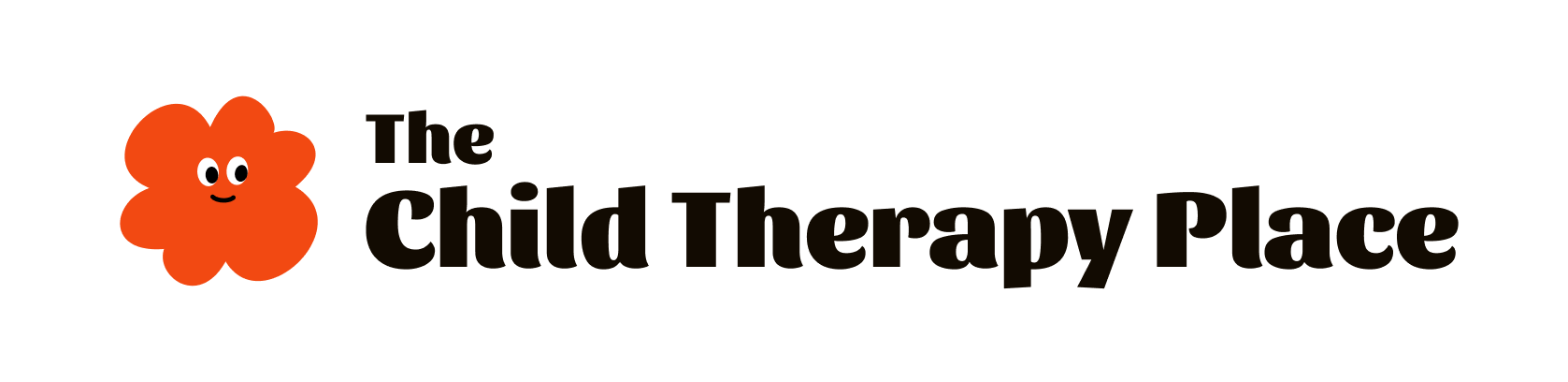 Logo for The Child Therapy Place featuring a smiling orange flower with eyes and a small smile.