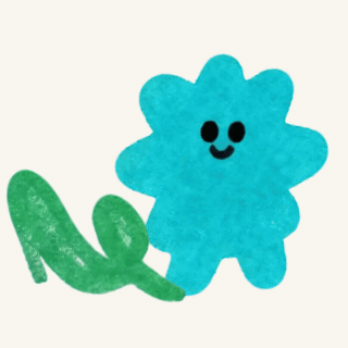 A blue cloud-shaped cartoon character with a smiling face next to a green leaf.