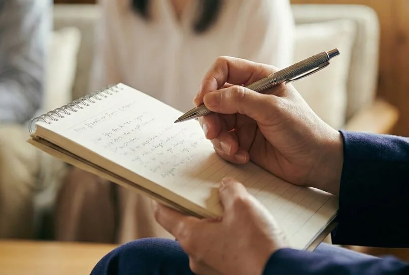 Person writing notes in a notepad with a pen, with a blurred person in the background.