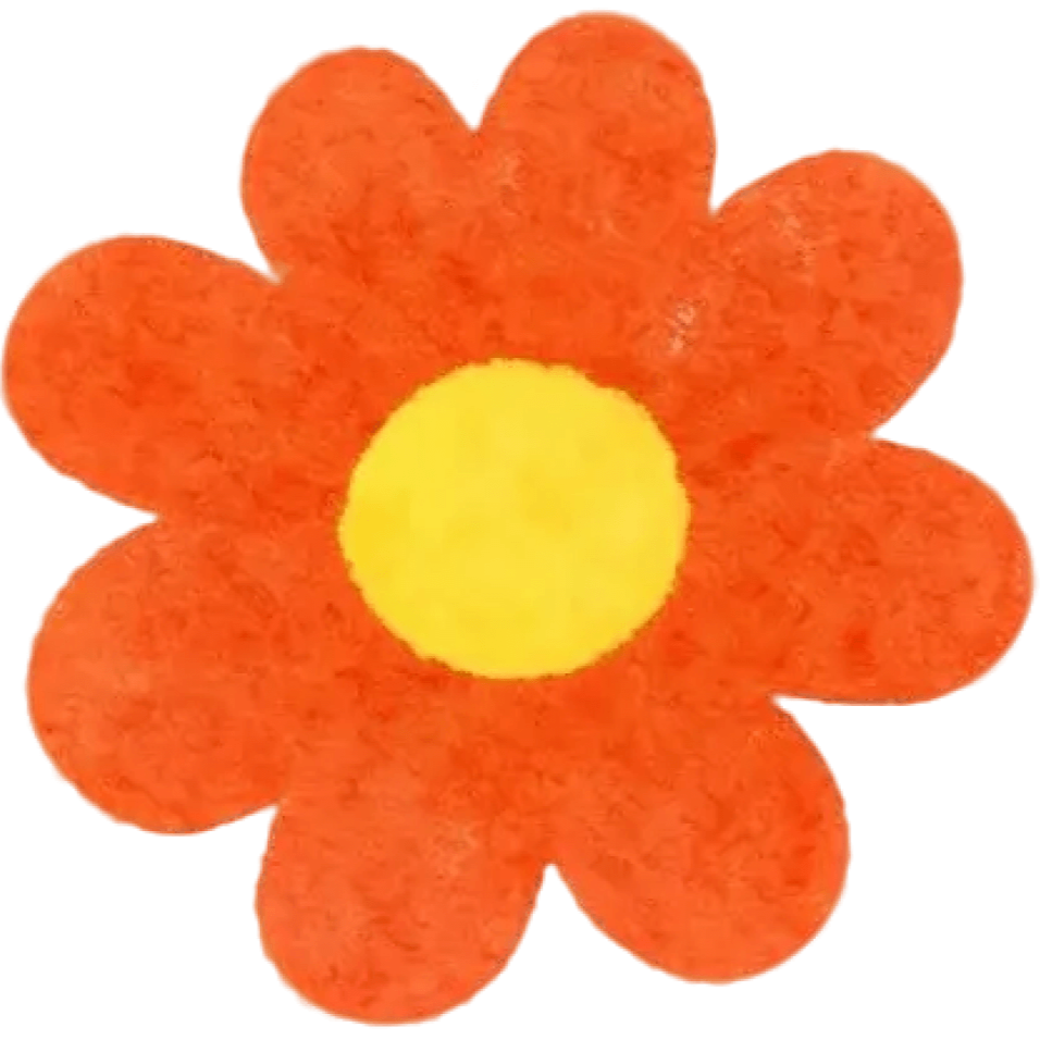 A bright orange-red flower with seven rounded petals and a yellow center.
