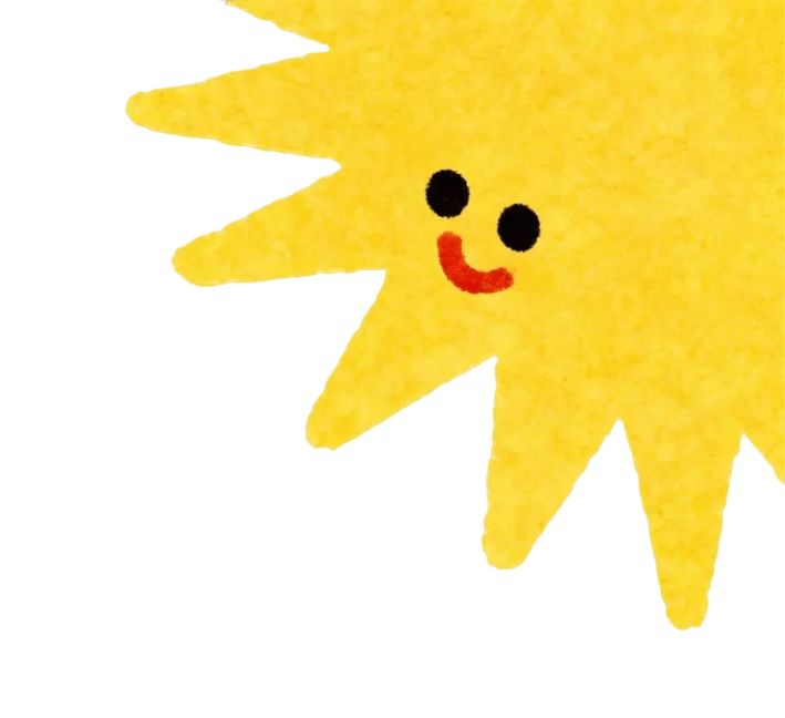 A smiling cartoon sun with a yellow, spiky shape and a face with two black eyes and a red smiling mouth.