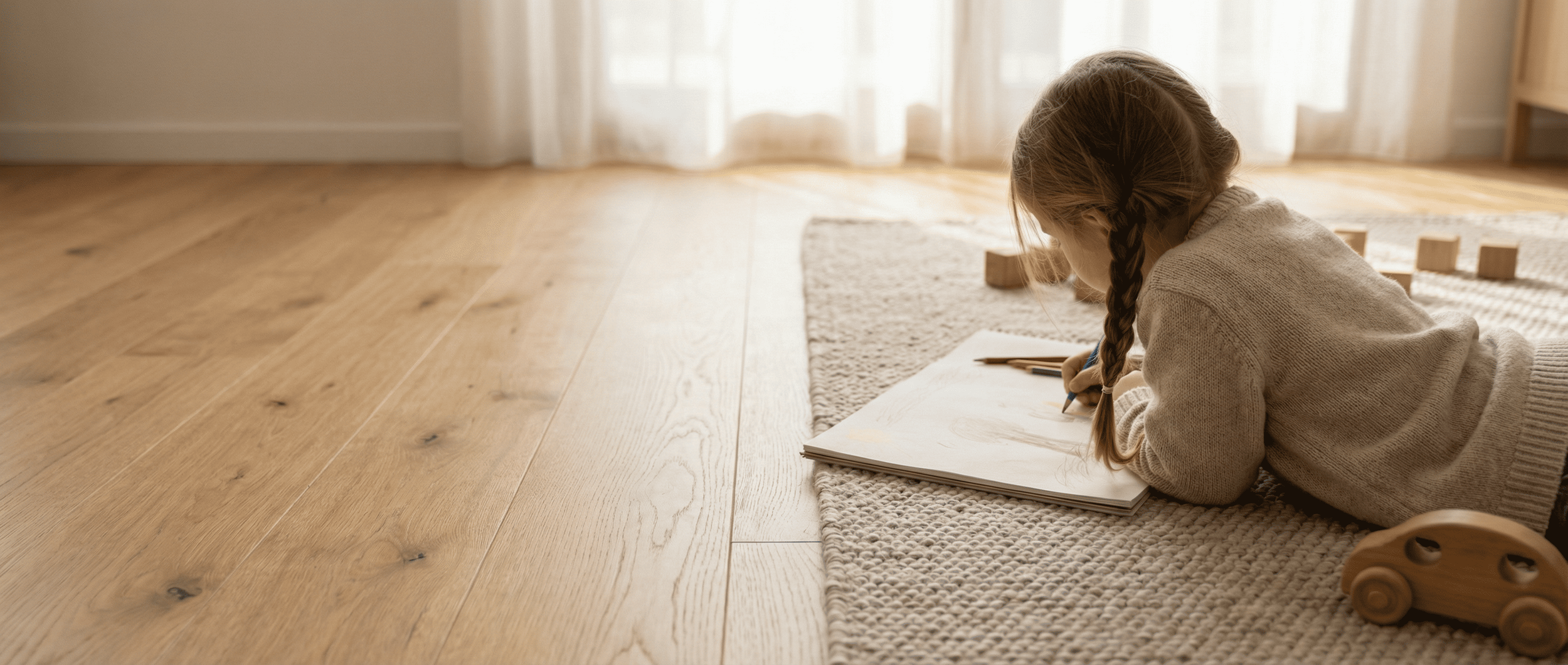 A young girl with braided hair lying on a beige rug, drawing in a sketchbook with colored pencils in a sunlit room with light-colored hardwood floors and cream curtains.