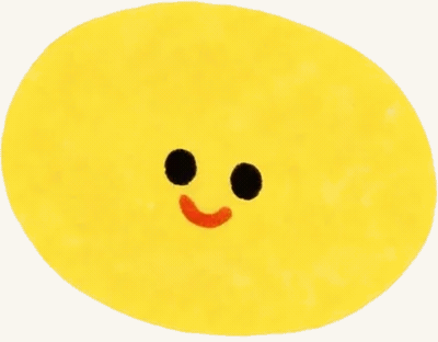 A yellow blob with a smiling face, two black eyes, and a small red mouth.