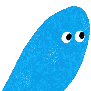 A blue cartoon character with big eyes on a green background.