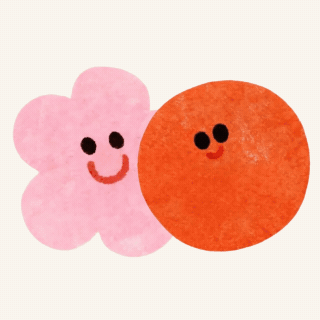 Playful illustration of a pink flower with a smiling face and a red-orange ball with a smiling face