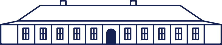 Line drawing of a large barn with a central archway entrance and multiple windows.