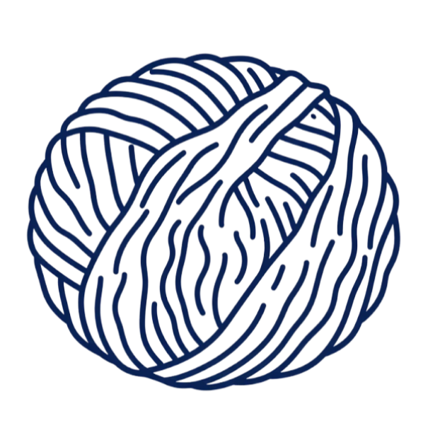 Line drawing of a spherical ball of yarn with visible strands, on a black background.