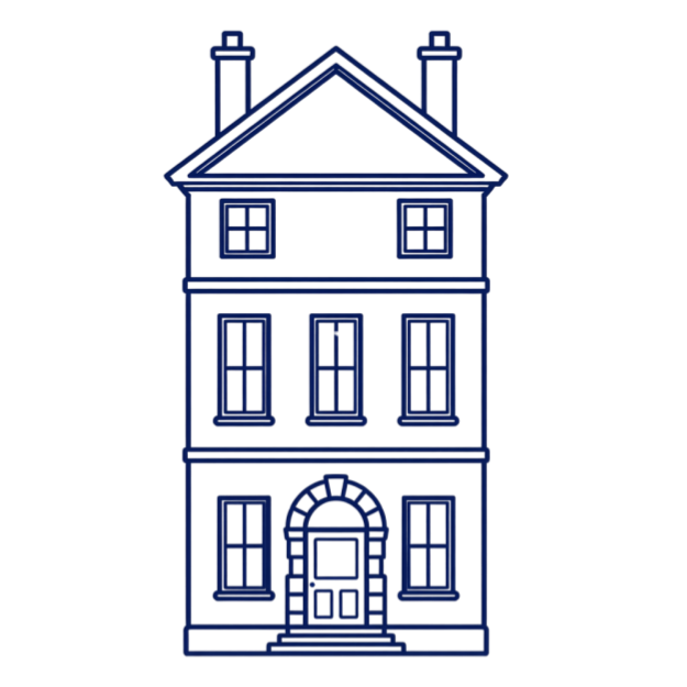 Outline of a three-story house with a pitched roof, chimney, and arched front door, outlined in blue on a black background.