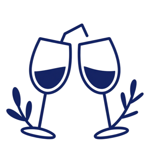 Illustration of two champagne flutes clinking together, with decorative leaves.