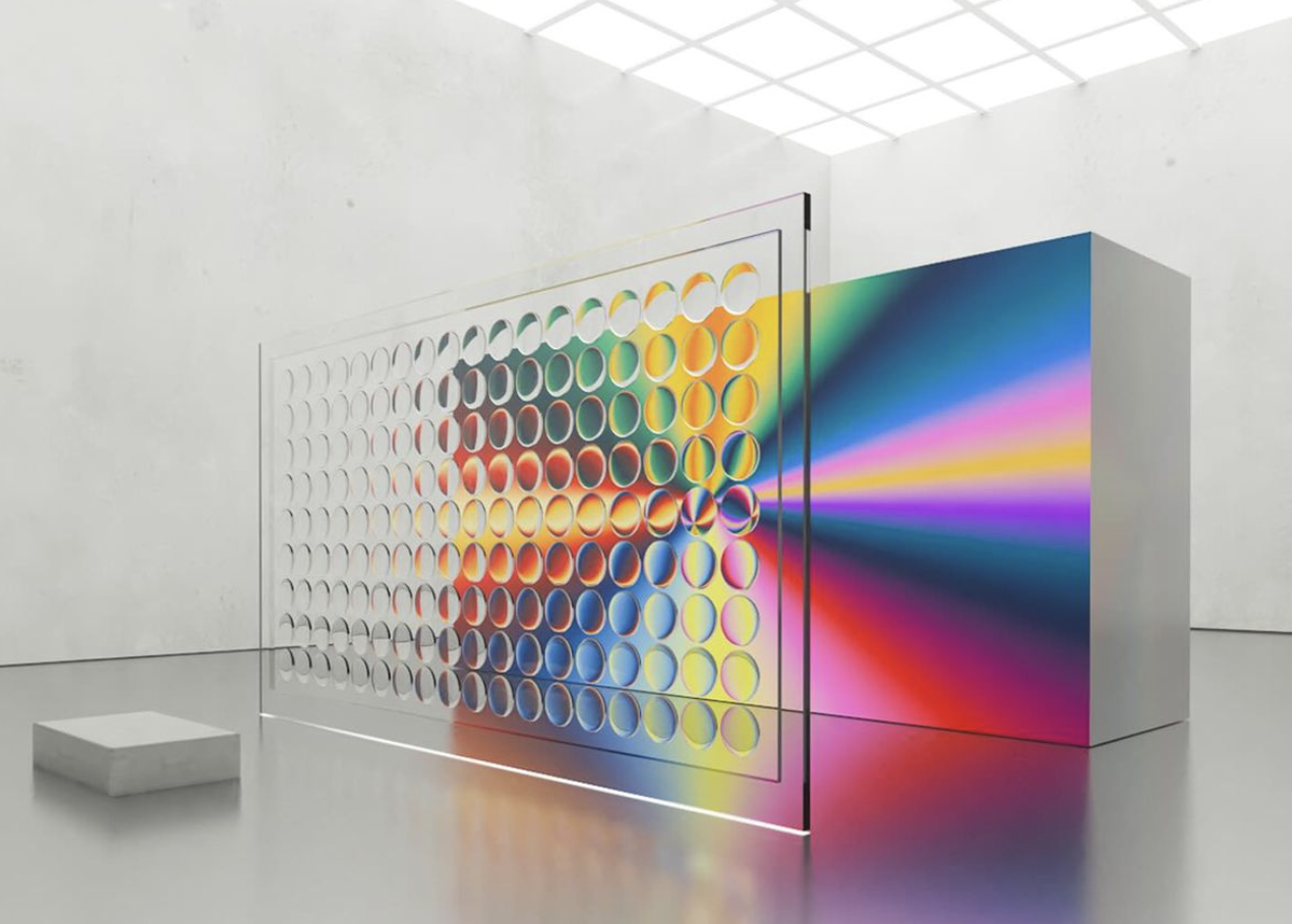 Kunstinstallation mit einer großen rechteckigen Struktur, die mit buntem Lichtstrahlendispay ausgestattet ist, in einer weißen Galerie.