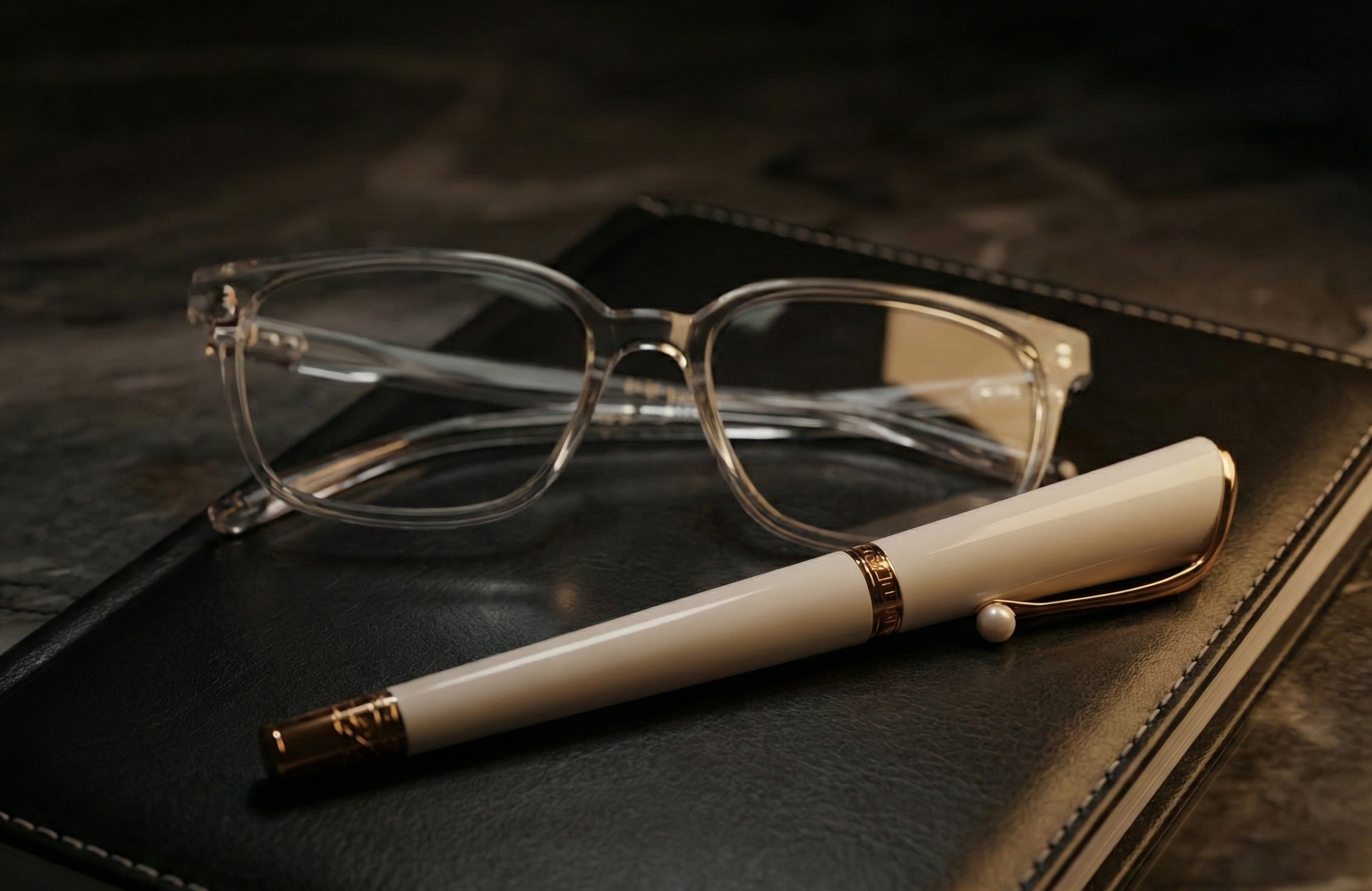 Et par klare briller, en penne og en notatbok ligger på en svart overflate.